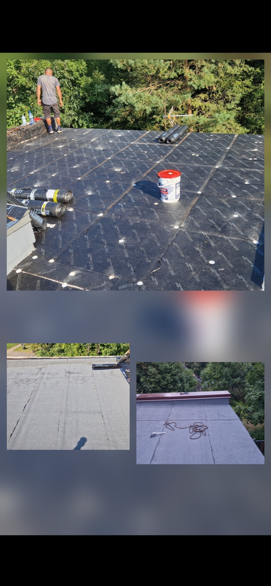 Prace dekarskie w Rybniku: Papa termozgrzewalna na dachu płaskim, widoczne rolki materiału, puszka kleju i pracownik. Dodatkowe ujęcia stanu dachu przed i po.