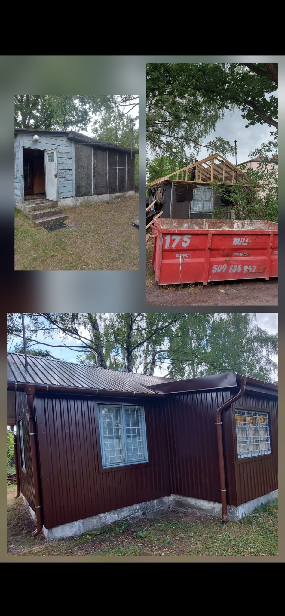 Fotografia przedstawia metamorfozę budynku: stan przed, w trakcie wymiany dachu z widoczną więźbą oraz efekt końcowy z nowym, brązowym dachem i elewacją.