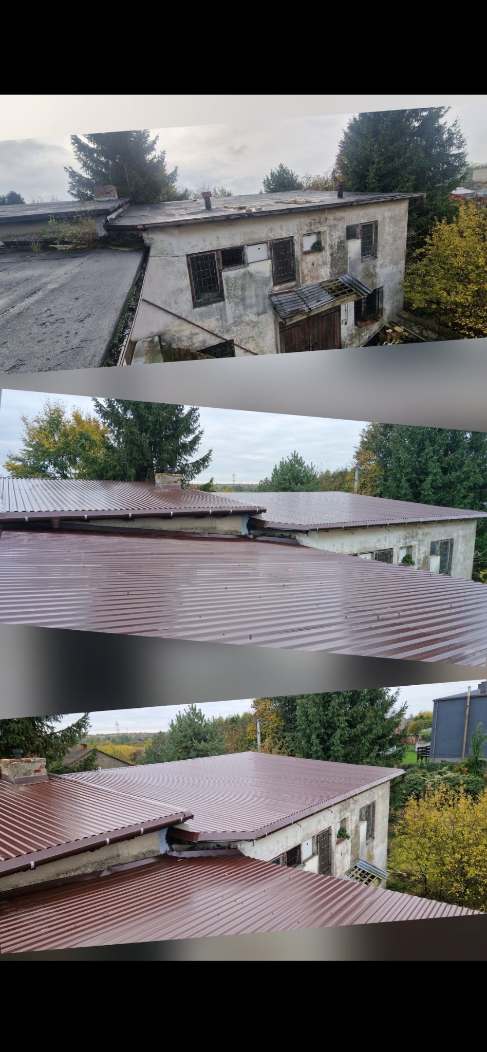 Fotografia przedstawia budynek przed i po wymianie dachu na brązowy blaszany. Widoczne zniszczone ściany budynku i otoczenie z drzewami.