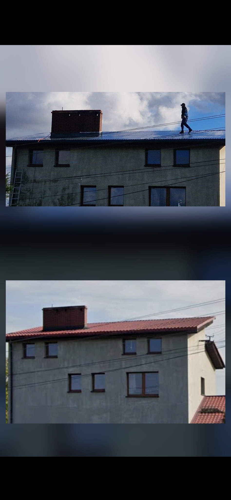 Zdjęcie przedstawia budynek przed i po renowacji dachu. Na górnym zdjęciu dekarz na dachu, na dolnym nowy, czerwony dach.