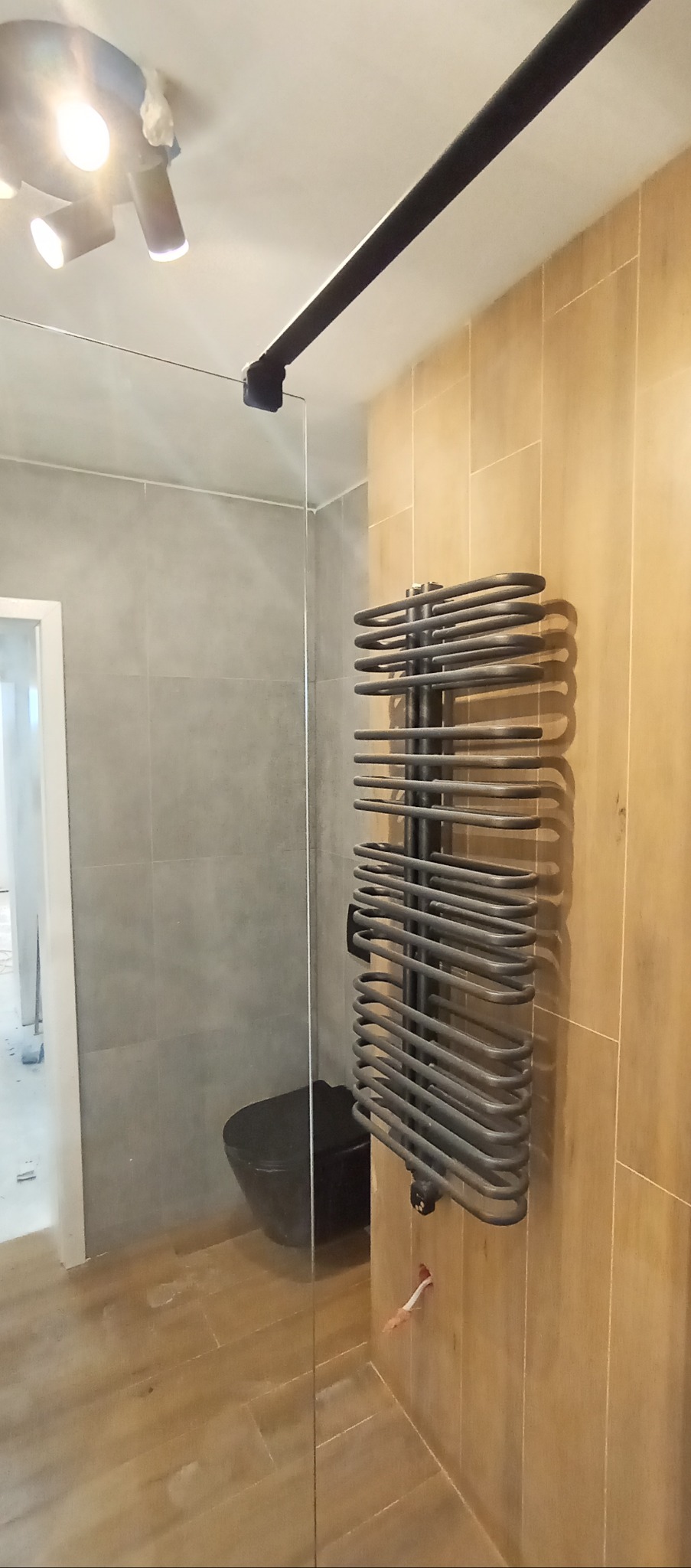 Nowoczesna łazienka z grzejnikiem drabinkowym w kolorze grafitowym, szklaną kabiną prysznicową i płytkami imitującymi drewno. Widoczne oświetlenie punktowe.