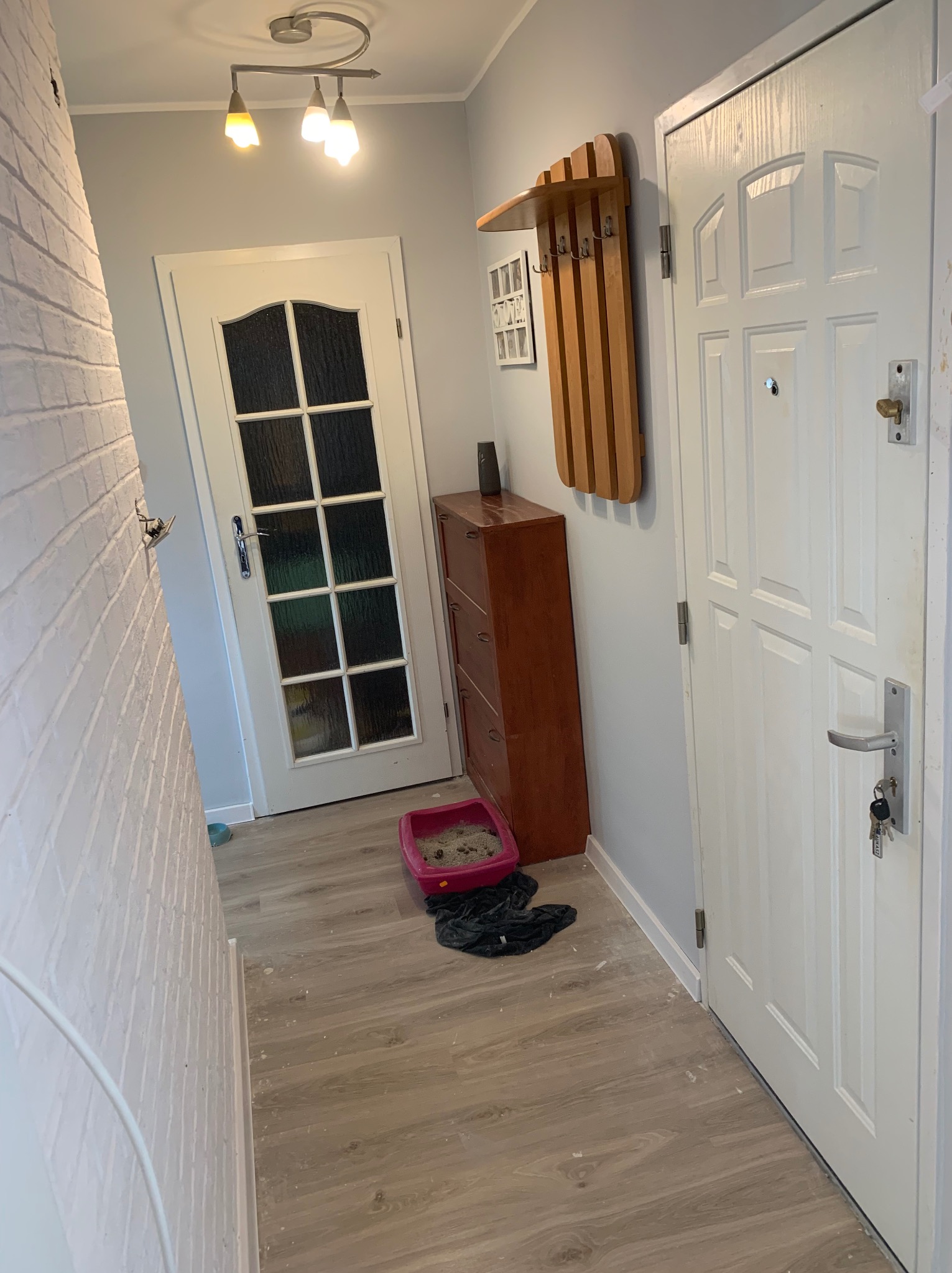 Jasne wnętrze przedpokoju z panelami podłogowymi, białą cegłą na ścianie i drewnianym wieszakiem. Widoczne drzwi wejściowe i wewnętrzne z szybami.