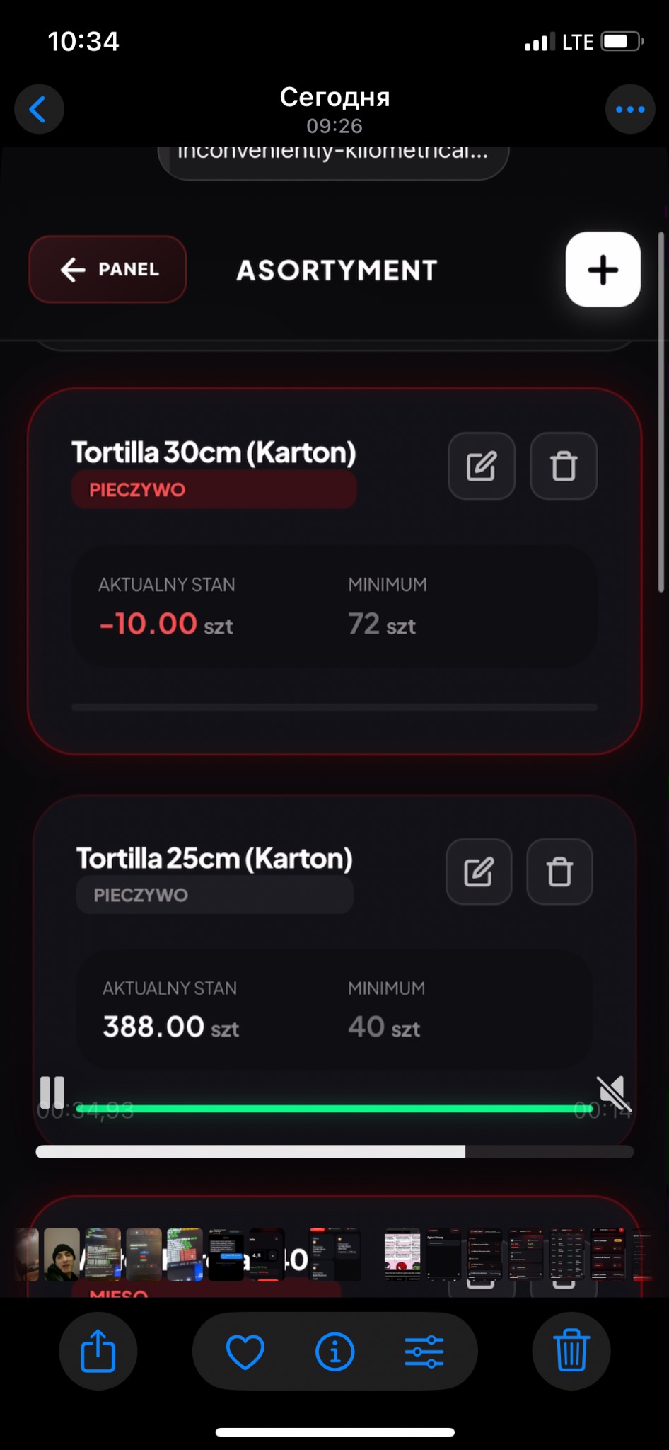 Ekran aplikacji z listą produktów: Tortilla 30cm i 25cm. Widoczne stany magazynowe, minimalne ilości, opcje edycji i usuwania. Interfejs w ciemnej tonacji z czerwonymi akcentami.