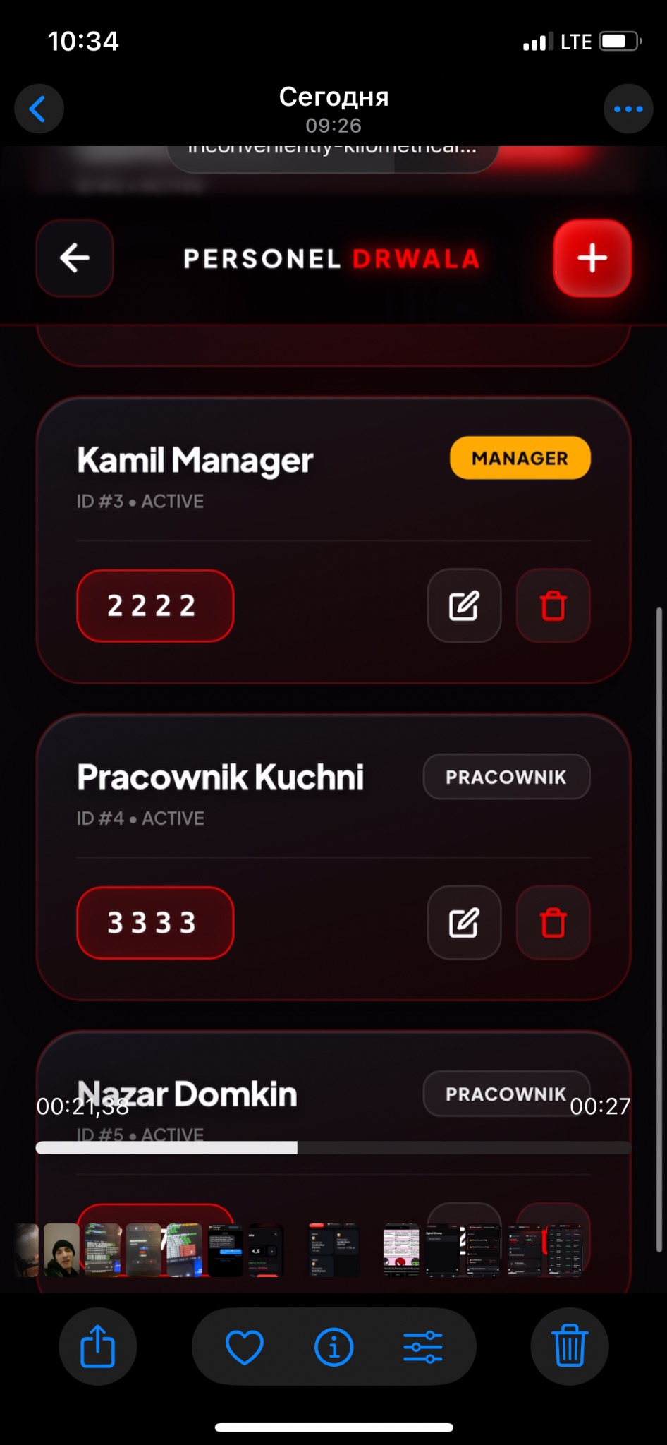 Ekran aplikacji mobilnej 'PERSONEL DRWALA' z listą pracowników: Kamil Manager, Pracownik Kuchni, Nazar Domkin. Widoczne ID, status 'ACTIVE' i przyciski edycji/usuwania.