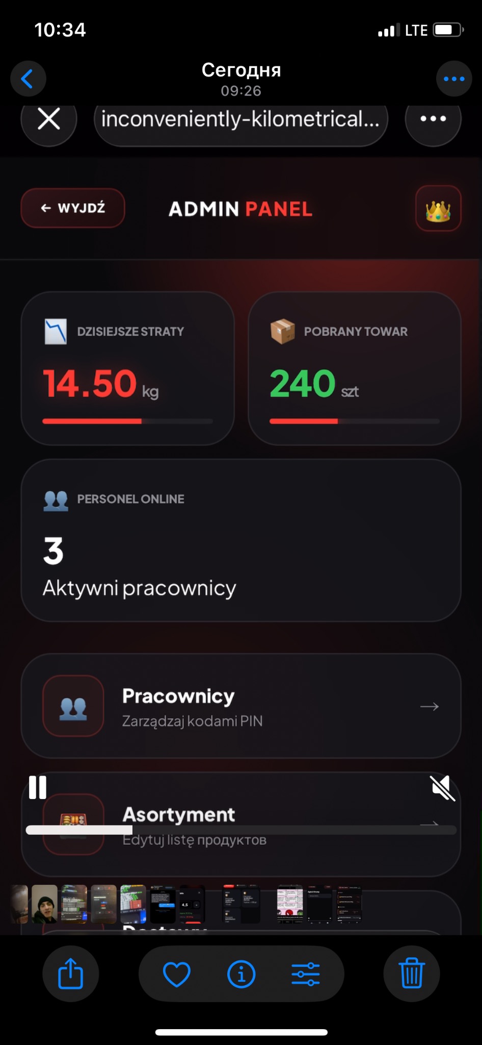 Zrzut ekranu aplikacji mobilnej z panelem administracyjnym. Widoczne statystyki: straty 14.50 kg, pobrany towar 240 szt, personel online: 3 aktywnych pracowników.