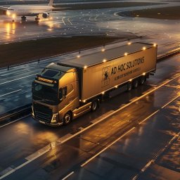 AD HOC SOLUTIONS SPÓŁKA Z OGRANICZONĄ ODPOWIEDZIALNOŚCIĄ - Złoty ciągnik siodłowy AD HOC SOLUTIONS na mokrym pasie startowym lotniska, w tle startujący samolot i oświetlenie nocne. Widok z góry.