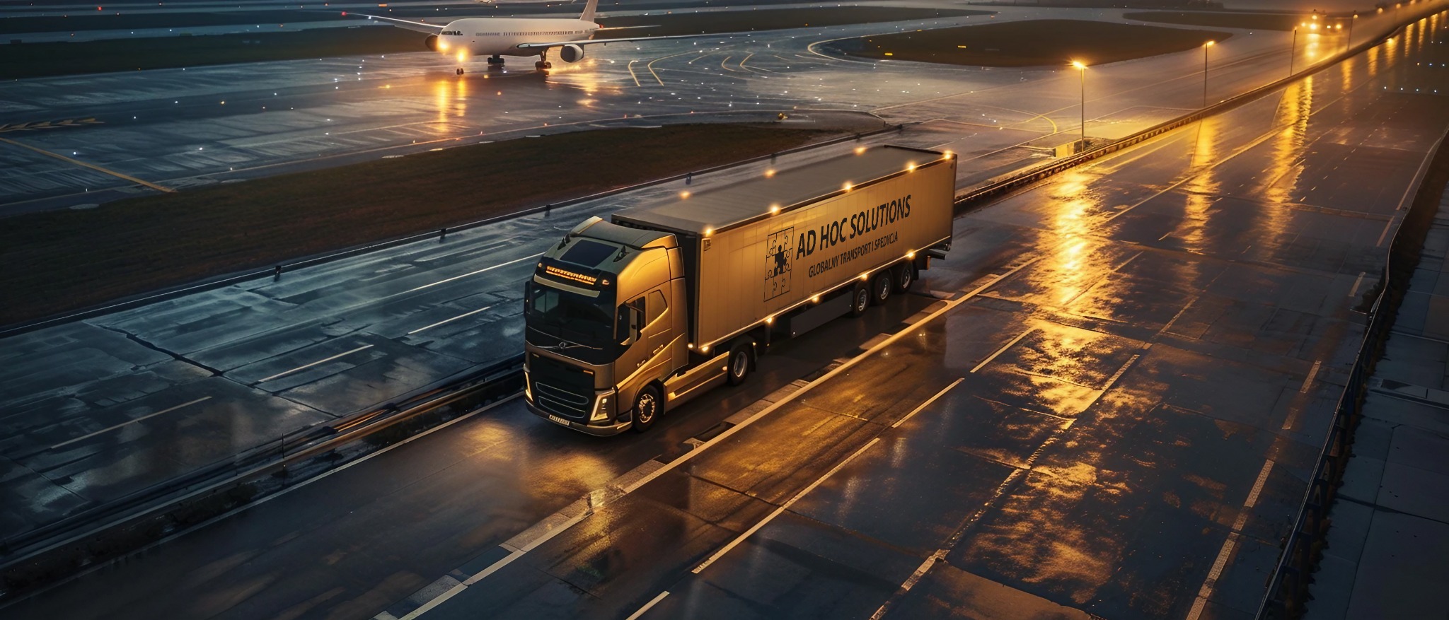 Złoty ciągnik siodłowy AD HOC SOLUTIONS na mokrym pasie startowym lotniska, w tle startujący samolot i oświetlenie nocne. Widok z góry.