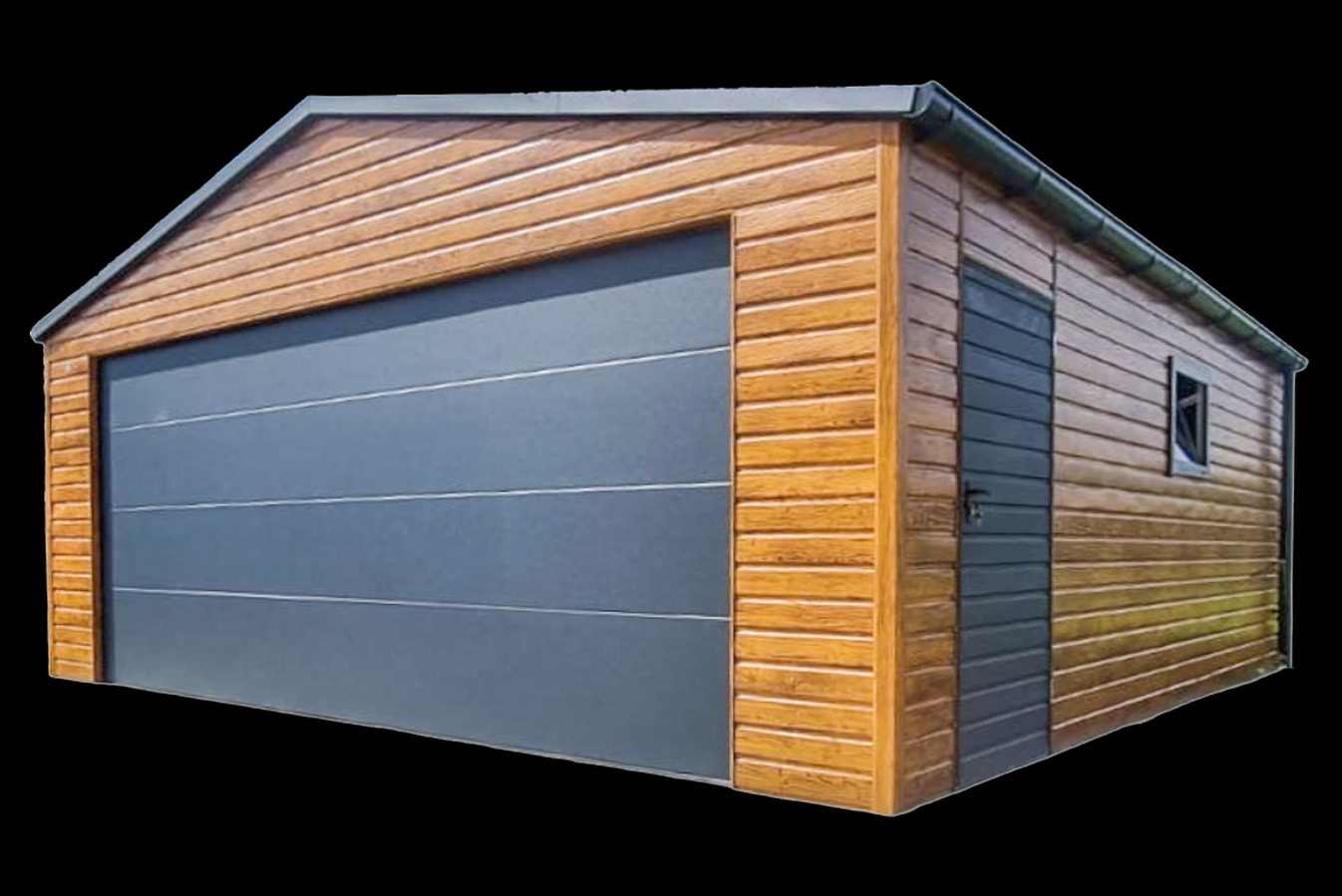 Garaż w kolorze drewnopodobnym z bramą segmentową.