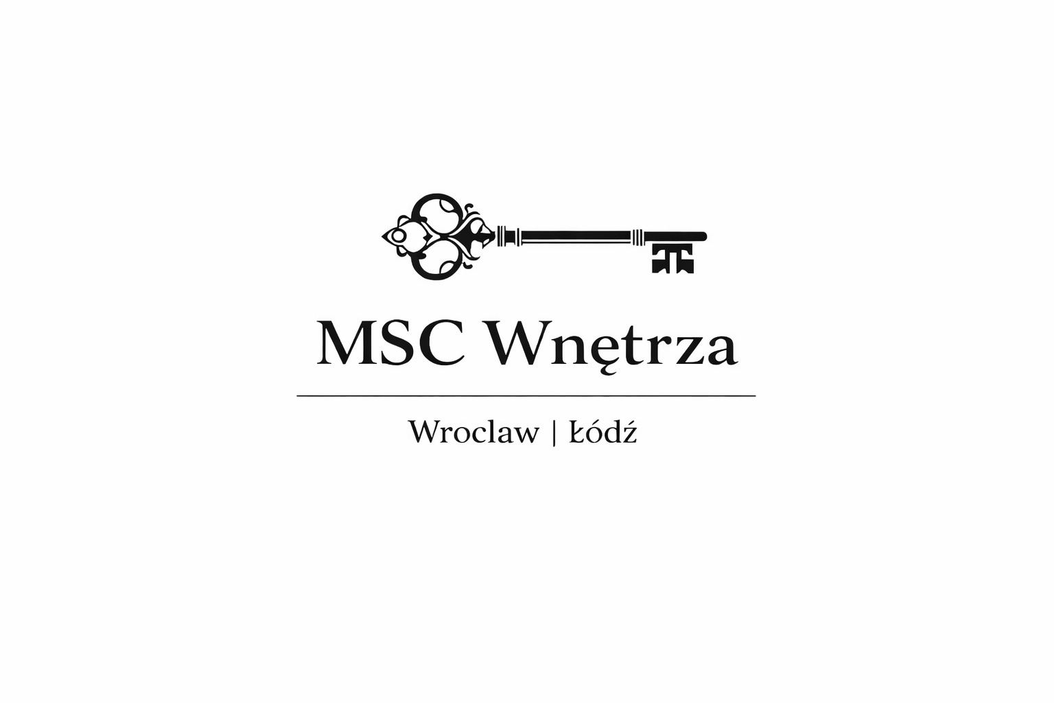 Eleganckie logo 'MSC Wnętrza' z kluczem, Wrocław i Łódź. Minimalistyczny design w czerni i bieli, czcionka szeryfowa.