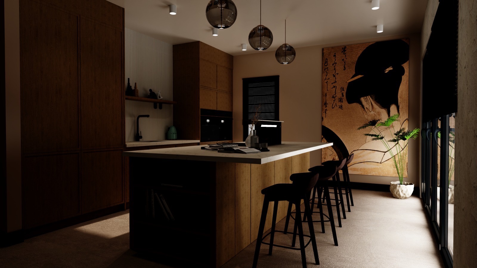Nowoczesna kuchnia z wyspą, drewniane fronty szafek, minimalistyczne oświetlenie, dekoracyjna grafika na ścianie i czarne hokery. Aranżacja wnętrza w ciepłych tonacjach.