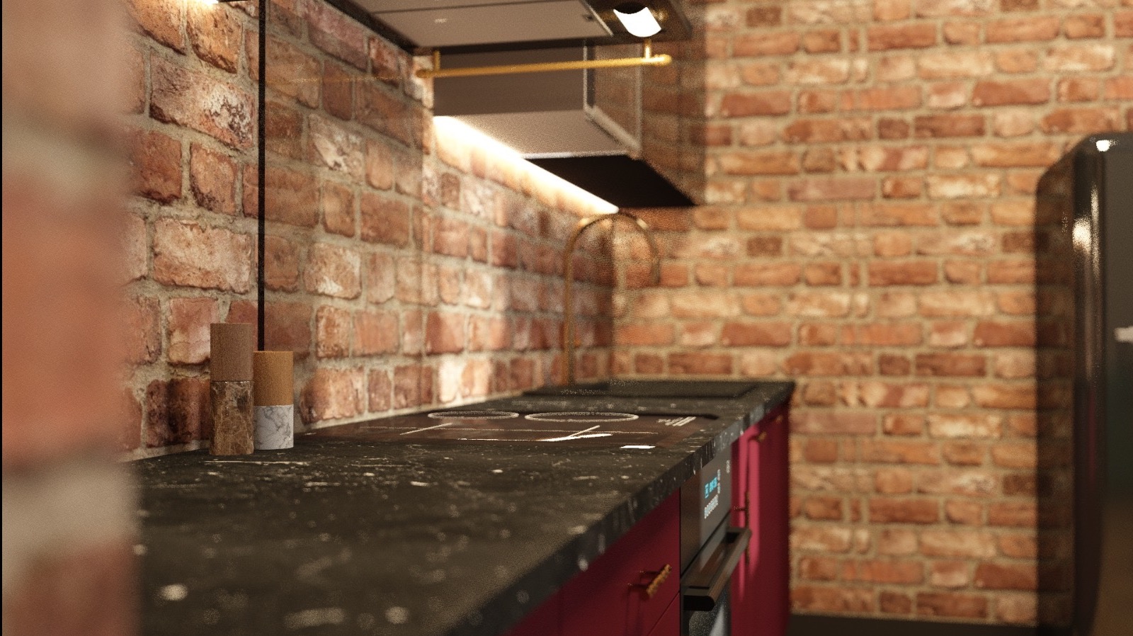 Kuchnia w stylu loft z ceglaną ścianą, czarnym blatem i czerwonymi szafkami. Widoczny fragment okapu i lodówki. Ustawione przyprawy na blacie dodają charakteru.