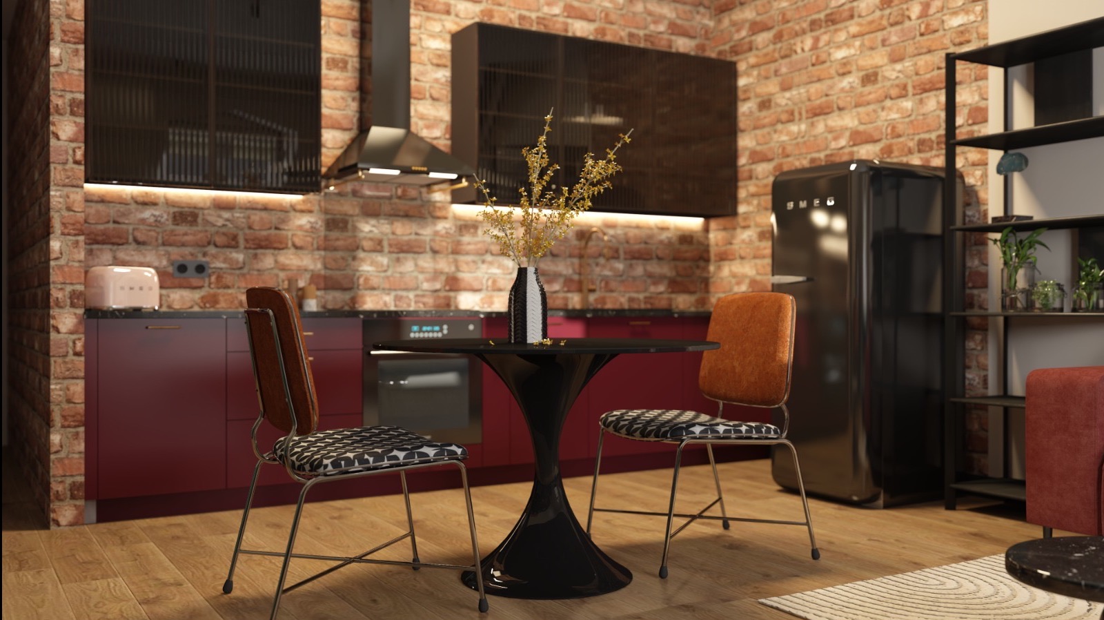 Klimatyczna kuchnia z ceglaną ścianą, czarnymi szafkami i lodówką SMEG. Centralnie okrągły stół z krzesłami. Wazon z kwiatami na blacie. Ciepłe oświetlenie.
