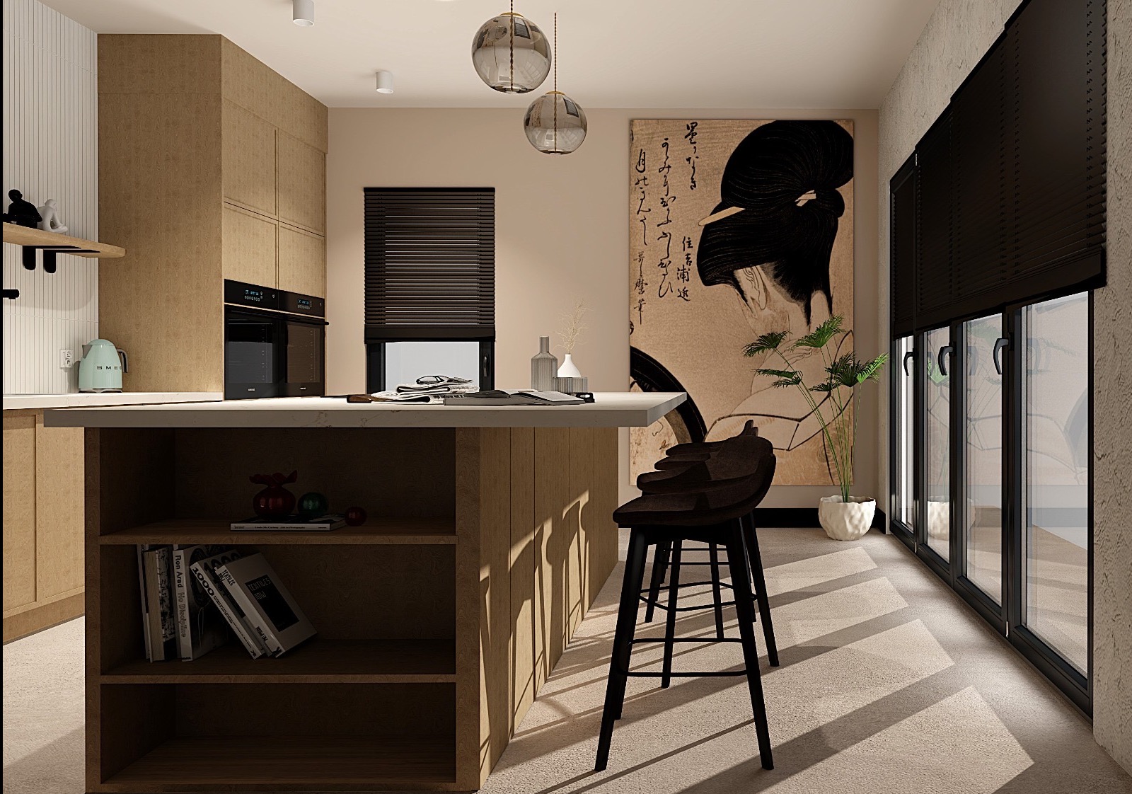 Nowoczesna kuchnia w Szczecinie z wyspą, drewnianymi szafkami i japońskim motywem na ścianie. Minimalistyczne oświetlenie i krzesła barowe dodają elegancji.