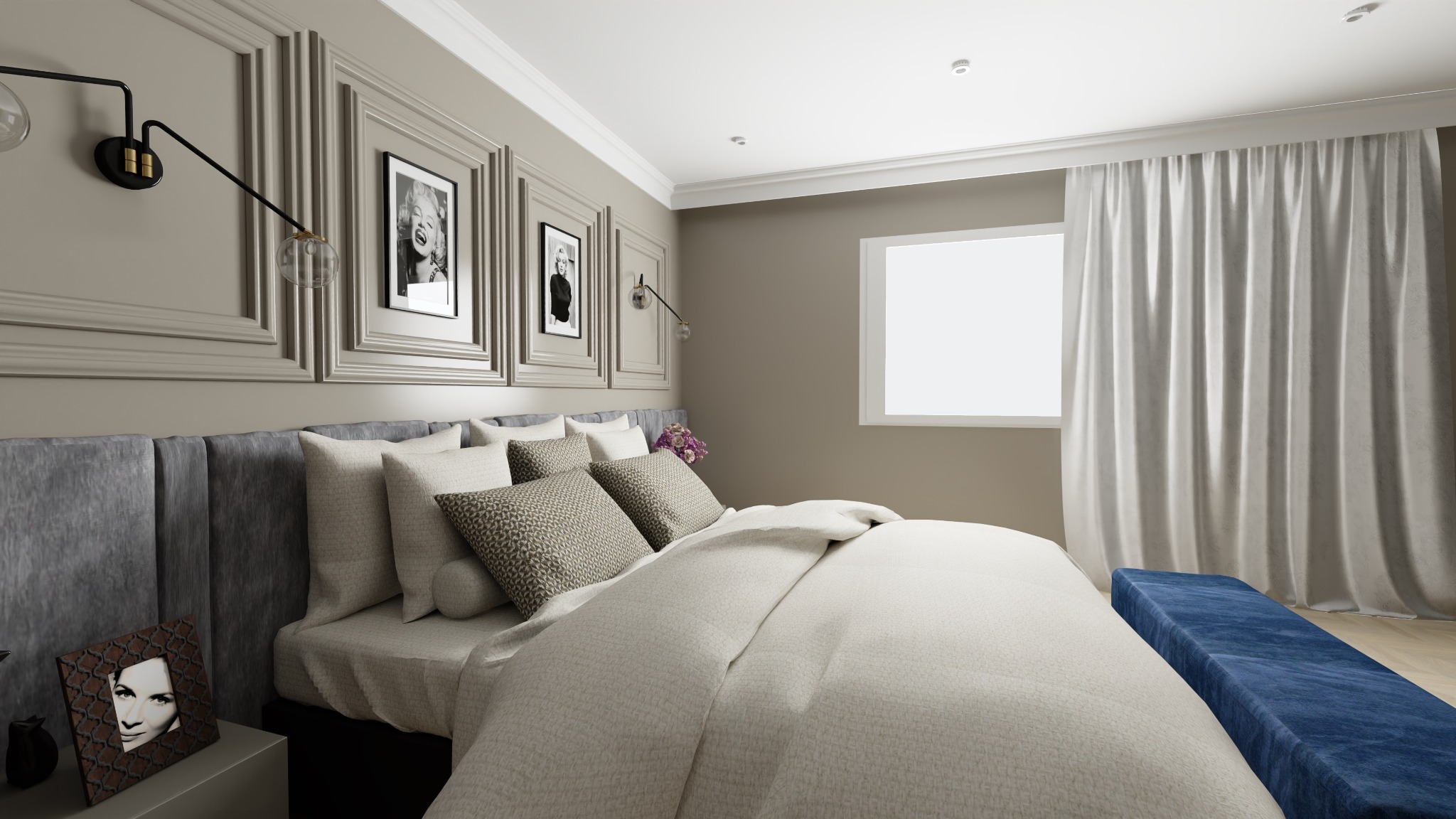 Elegancka sypialnia w Szczecinie: łóżko z szarym wezgłowiem, dekoracyjne panele ścienne z grafikami, lampy ścienne i niebieski puf. Stonowana kolorystyka, przytulne wnętrze.