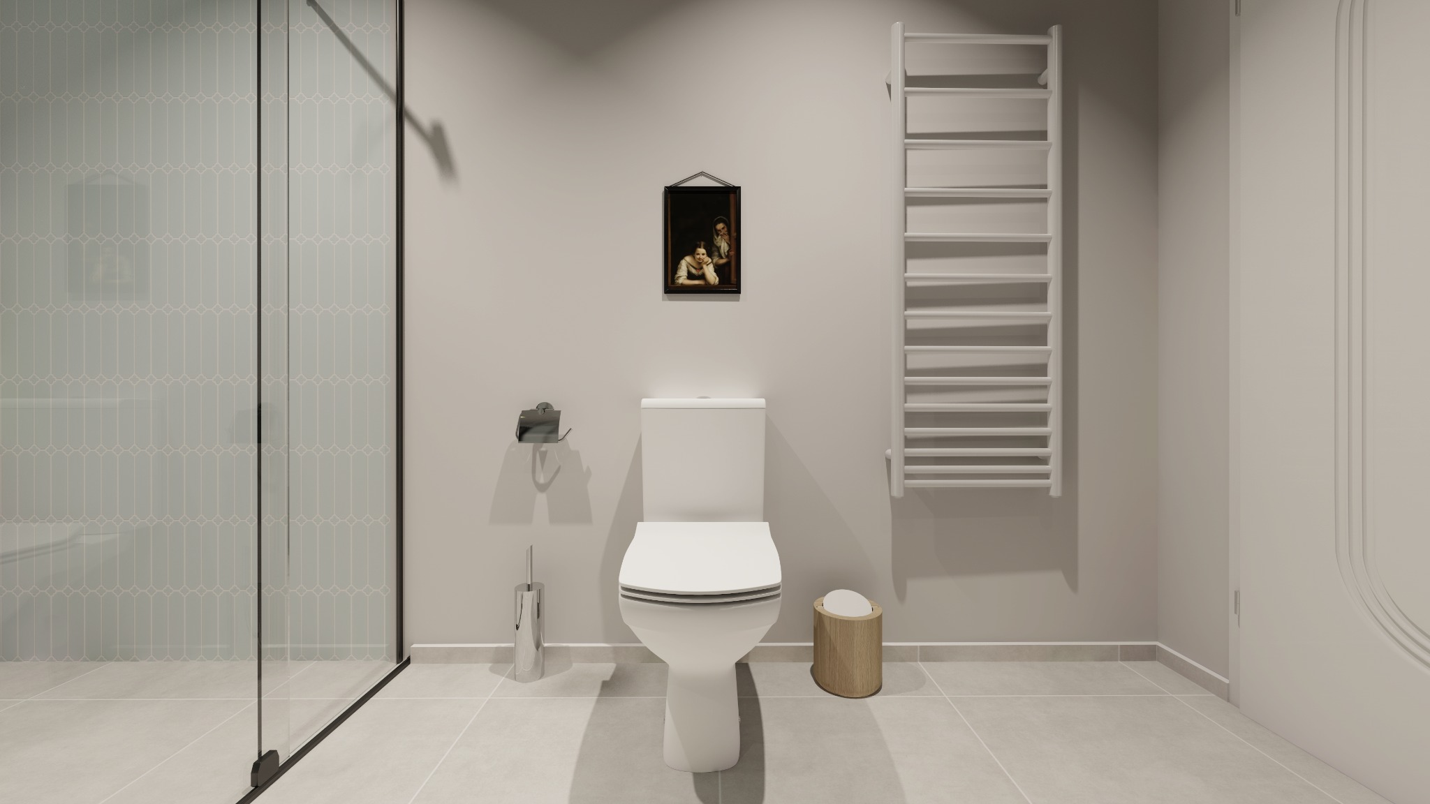 Nowoczesna łazienka z kabiną prysznicową, toaletą, grzejnikiem drabinkowym i obrazem w ramie. Minimalistyczny design w jasnych, stonowanych barwach.