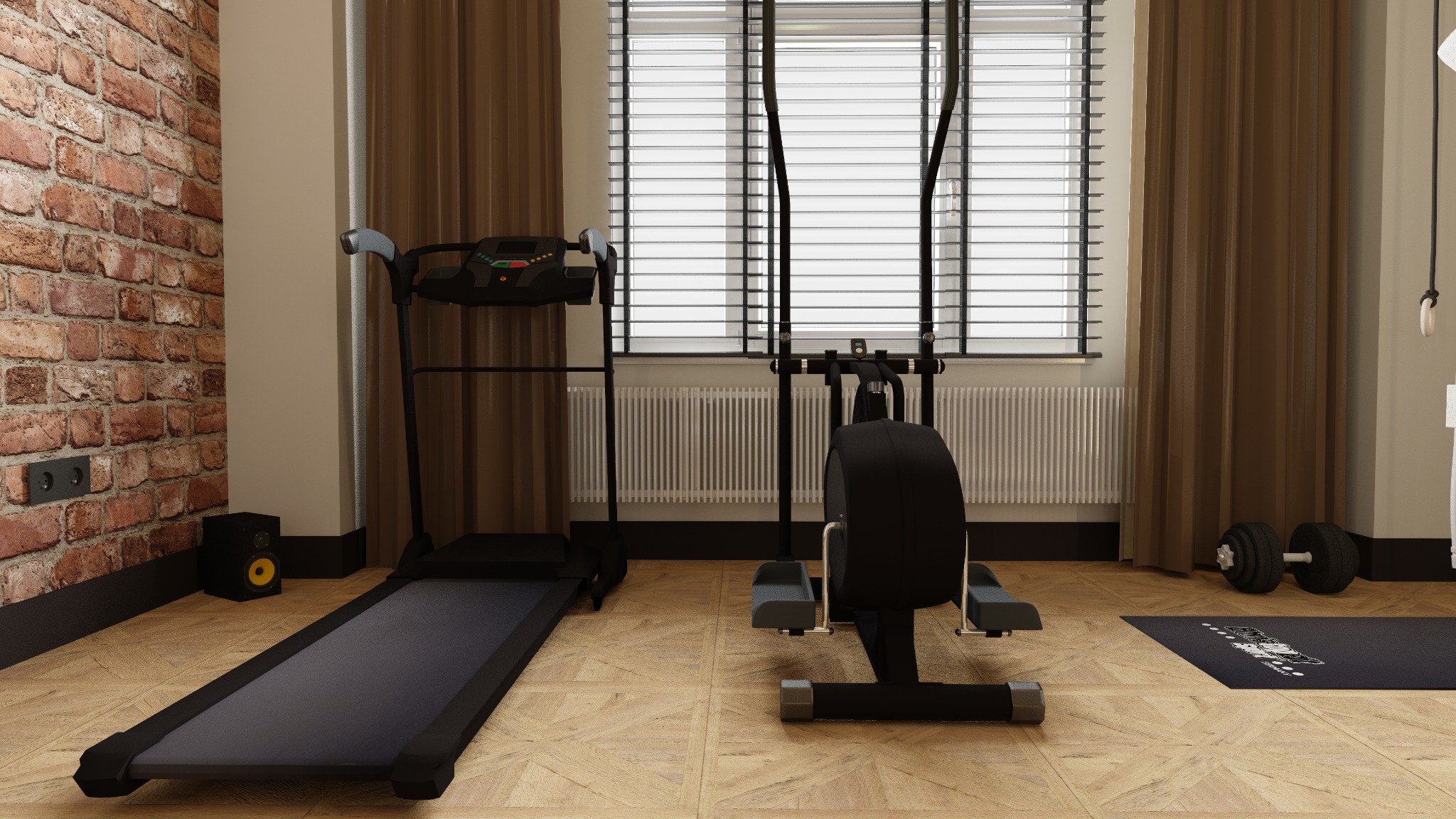 Domowa siłownia z bieżnią, orbitrekiem i ceglaną ścianą. Sprzęt ustawiony na parkiecie, okno z żaluzjami w tle. Minimalistyczny design, ciepłe oświetlenie.