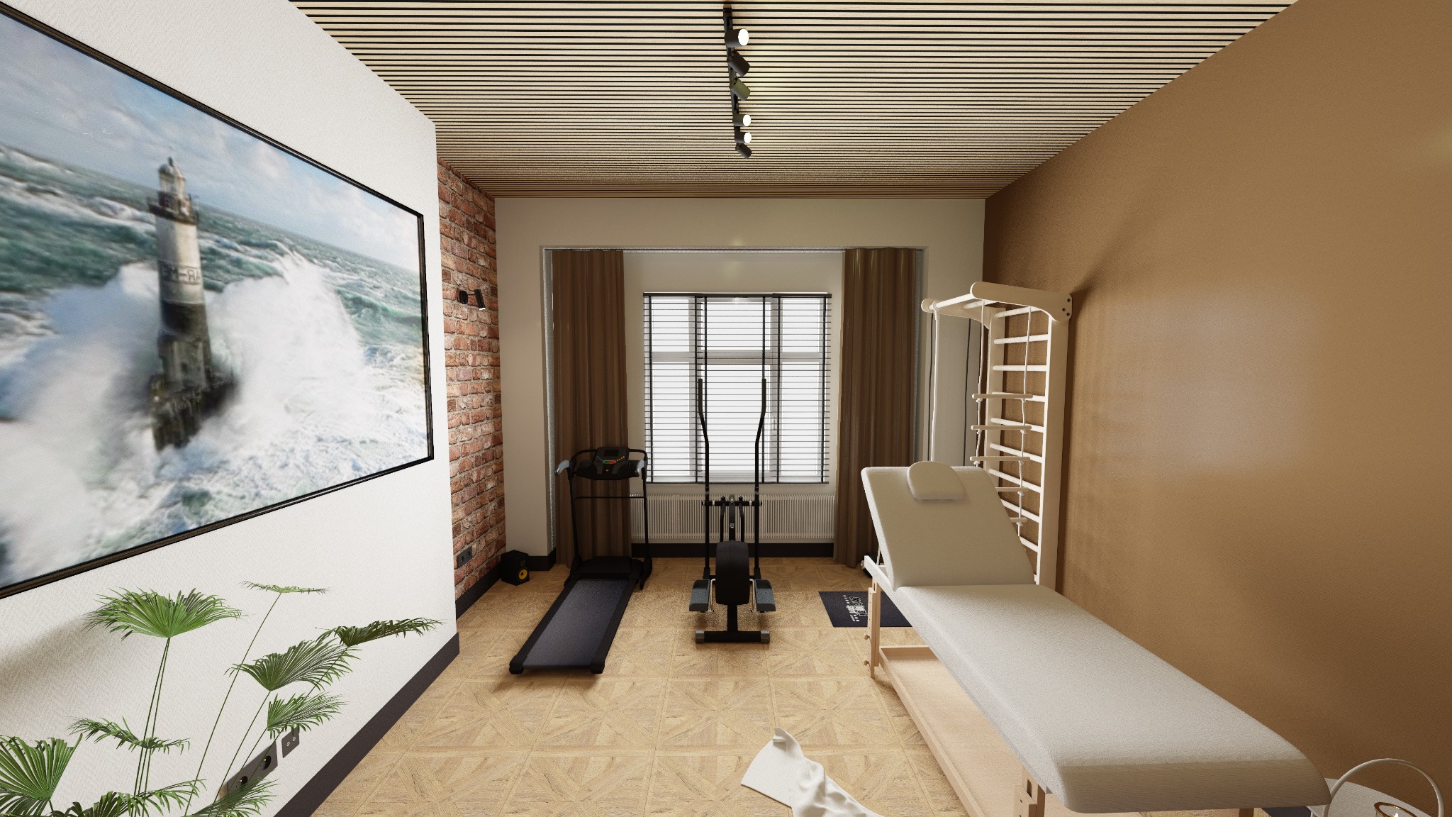 Domowa siłownia z bieżnią, orbitrekiem, drabinką gimnastyczną i leżanką do masażu. Na ścianie obraz z latarnią morską. Parkiet w geometryczny wzór.