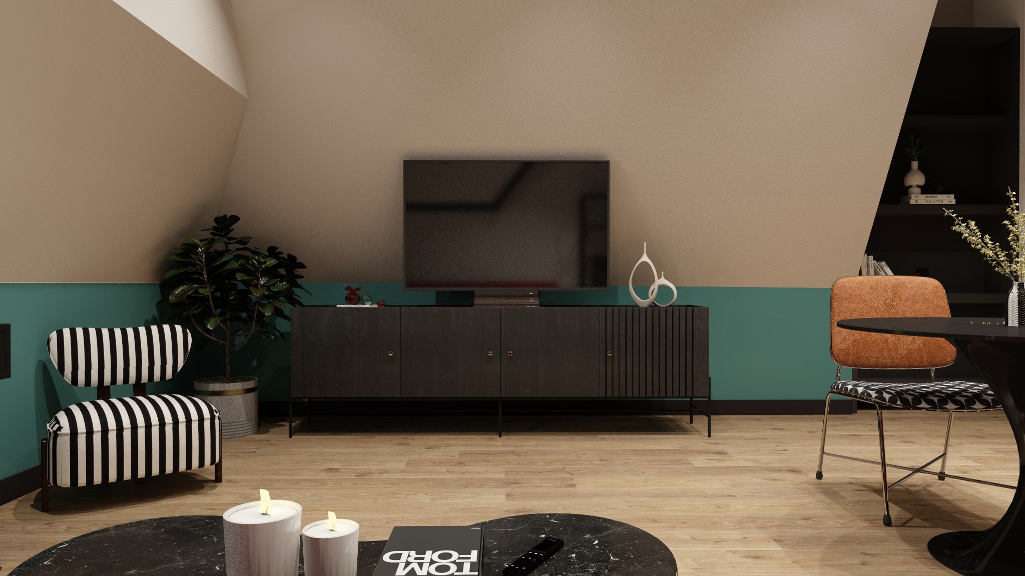 Stylowy salon na poddaszu z telewizorem na szafce RTV, krzesłami w paski i okrągłym stolikiem kawowym. Ściany w kolorach beżu i turkusu.