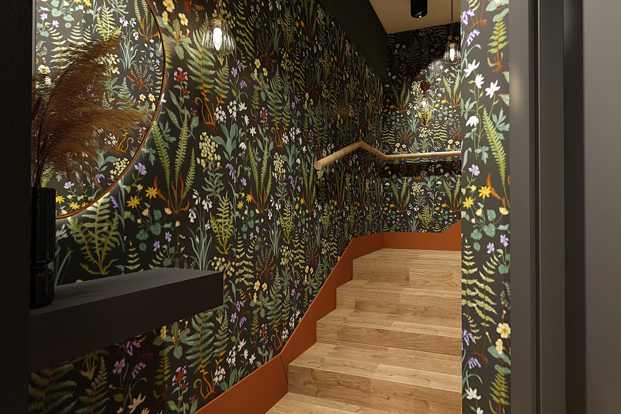 Klatka schodowa z drewnianymi schodami i ścianami w ciemnej tapecie z motywem roślinnym. Okrągłe lustro i półka dodają elegancji wnętrzu.