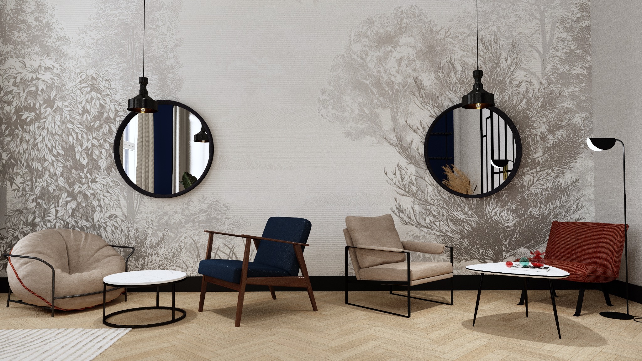 Stylowy pokój z fotelami, okrągłymi lustrami i tapetą w motywy drzew. Parkiet w jodełkę, lampa podłogowa i stoliki kawowe dopełniają aranżację.