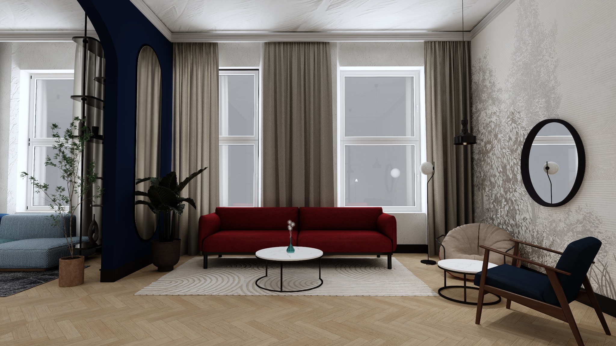 Stylowy salon z czerwonym narożnikiem, okrągłym stolikiem i drewnianą podłogą w jodełkę. Dekoracyjna ściana z motywem drzew, lustro w czarnej ramie i designerskie lampy.