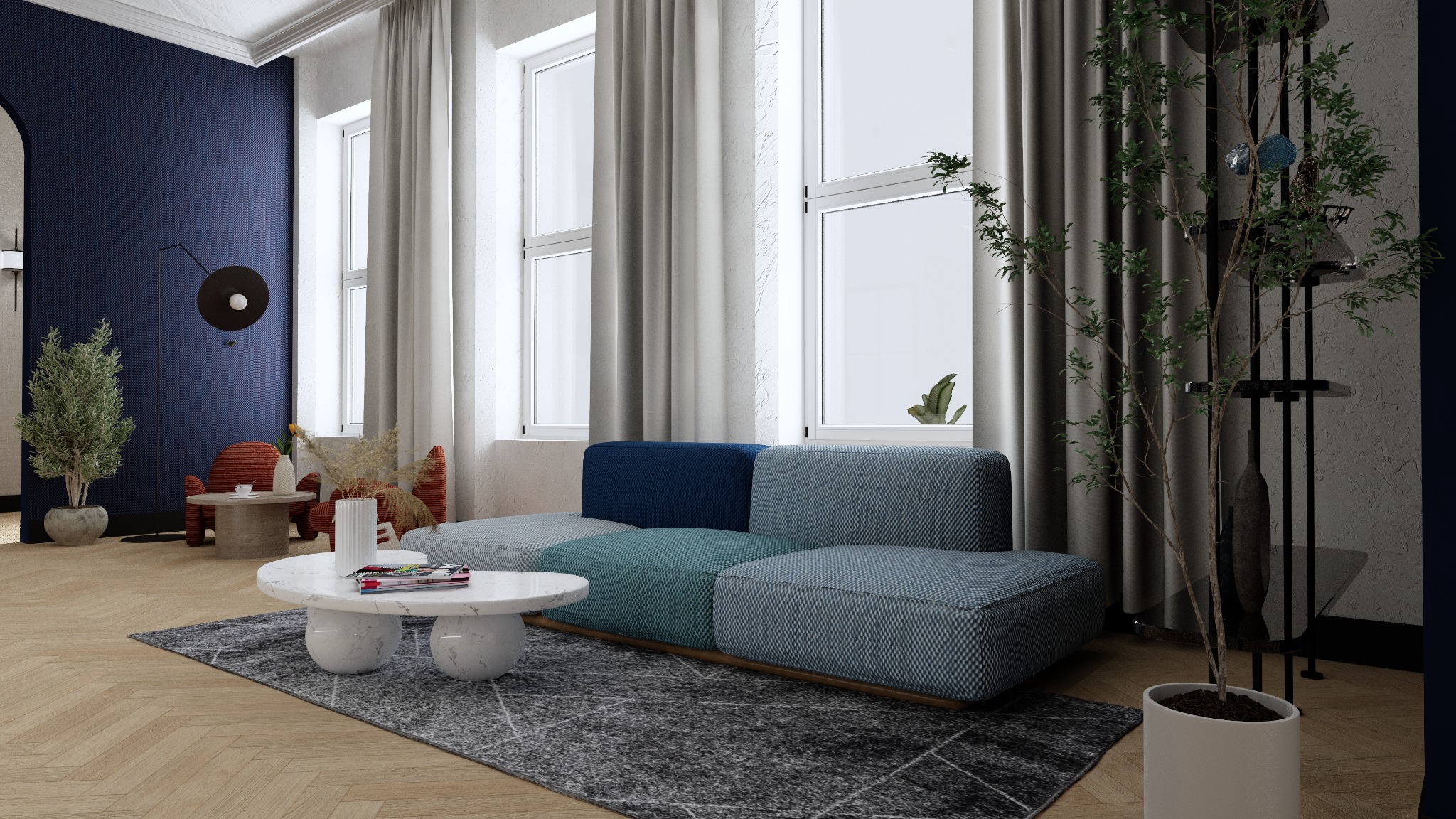 Nowoczesny salon z modułową sofą w odcieniach niebieskiego, marmurowym stolikiem kawowym i parkietem w jodełkę. Minimalistyczny design z roślinami i dekoracyjnym oświetleniem.