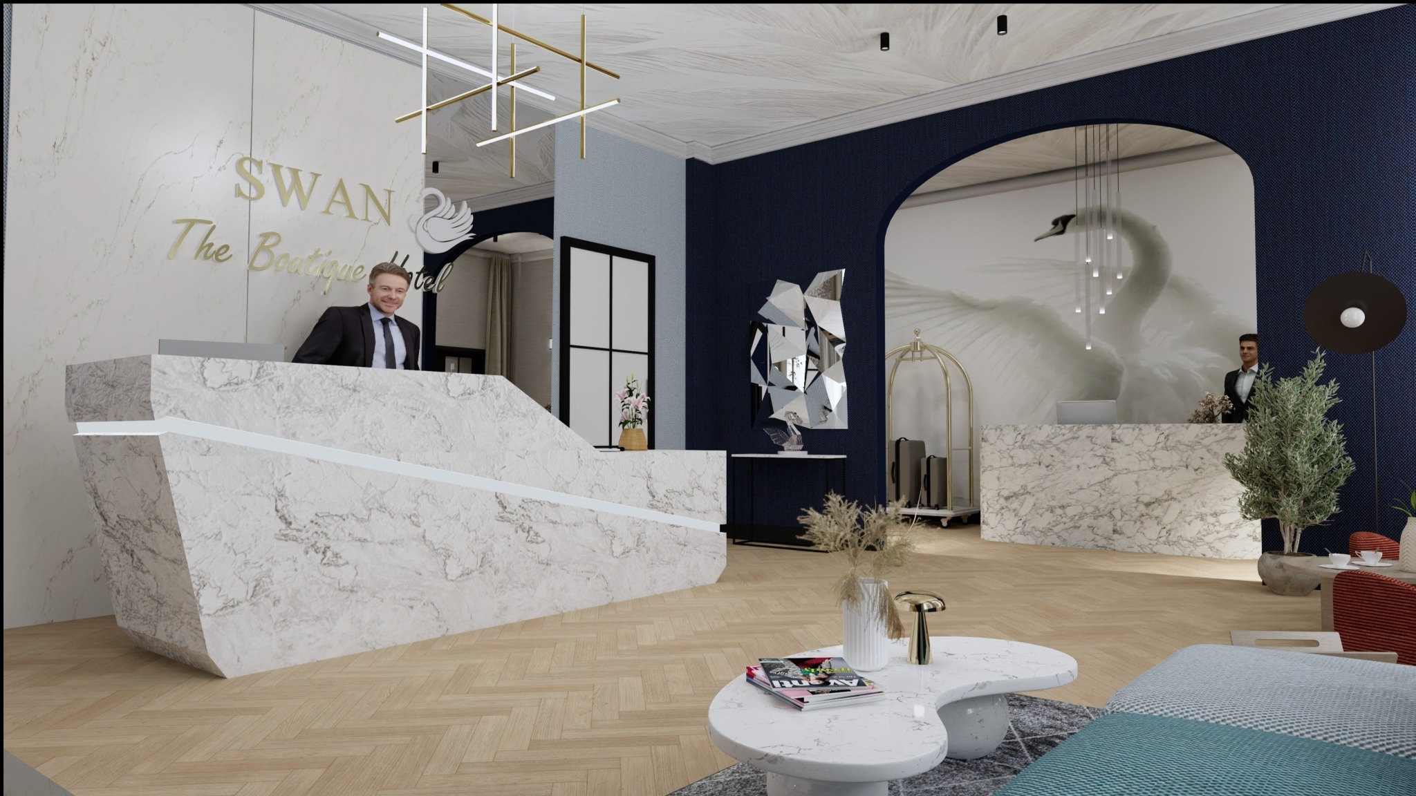 Eleganckie lobby hotelowe z marmurowymi ladami recepcyjnymi, nowoczesnym oświetleniem i dekoracyjnym lustrem. W tle widoczny motyw łabędzia na ścianie.