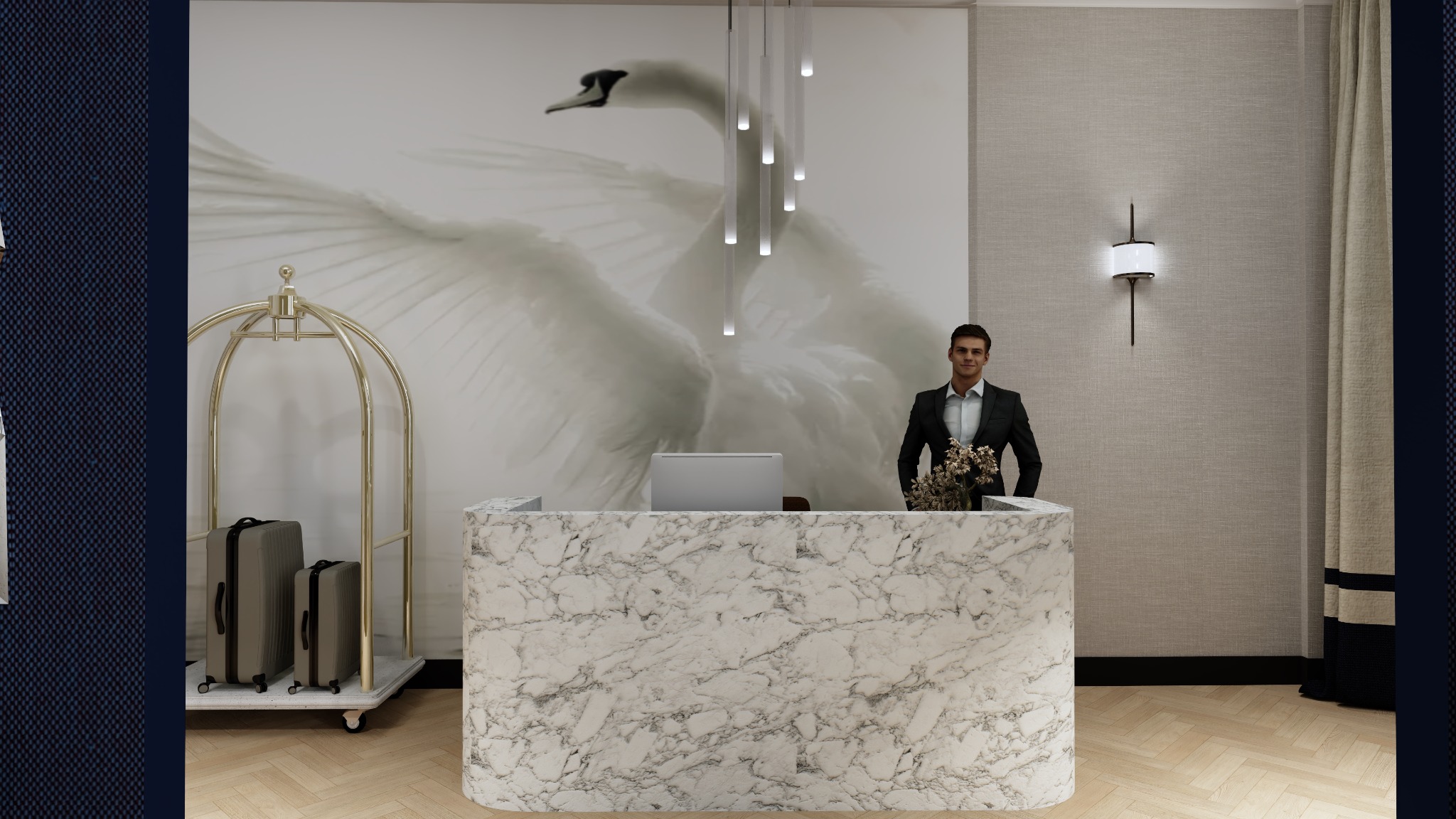 Recepcja hotelowa z marmurowym blatem, grafiką łabędzia w tle i elegancko ubranym recepcjonistą. Wózek na bagaż z walizkami po lewej stronie.