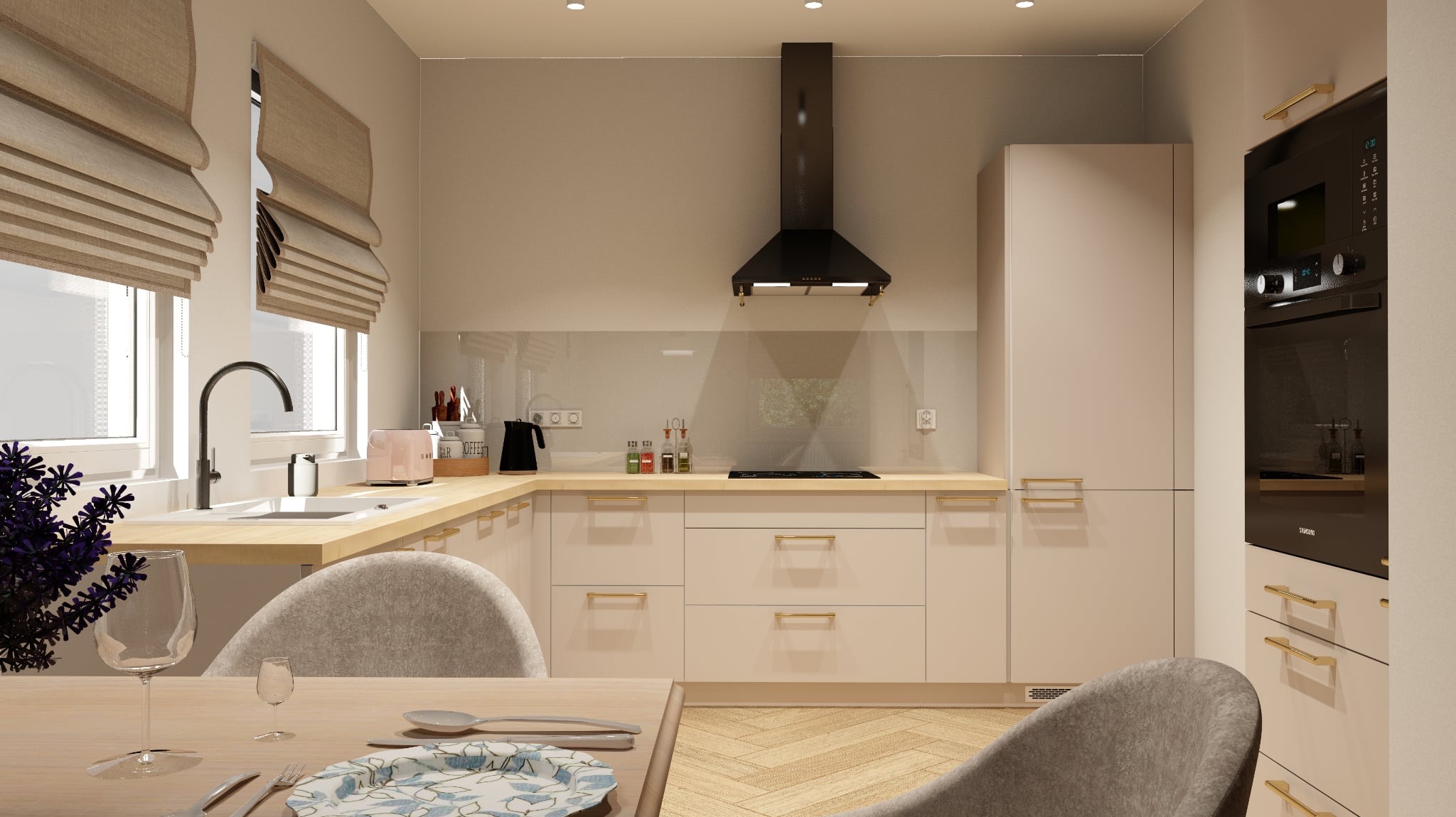 Beżowa kuchnia z drewnianym blatem i czarnym okapem, widok z jadalni z kwiatami i nakrytym stołem. Minimalistyczny design, ciepłe oświetlenie.