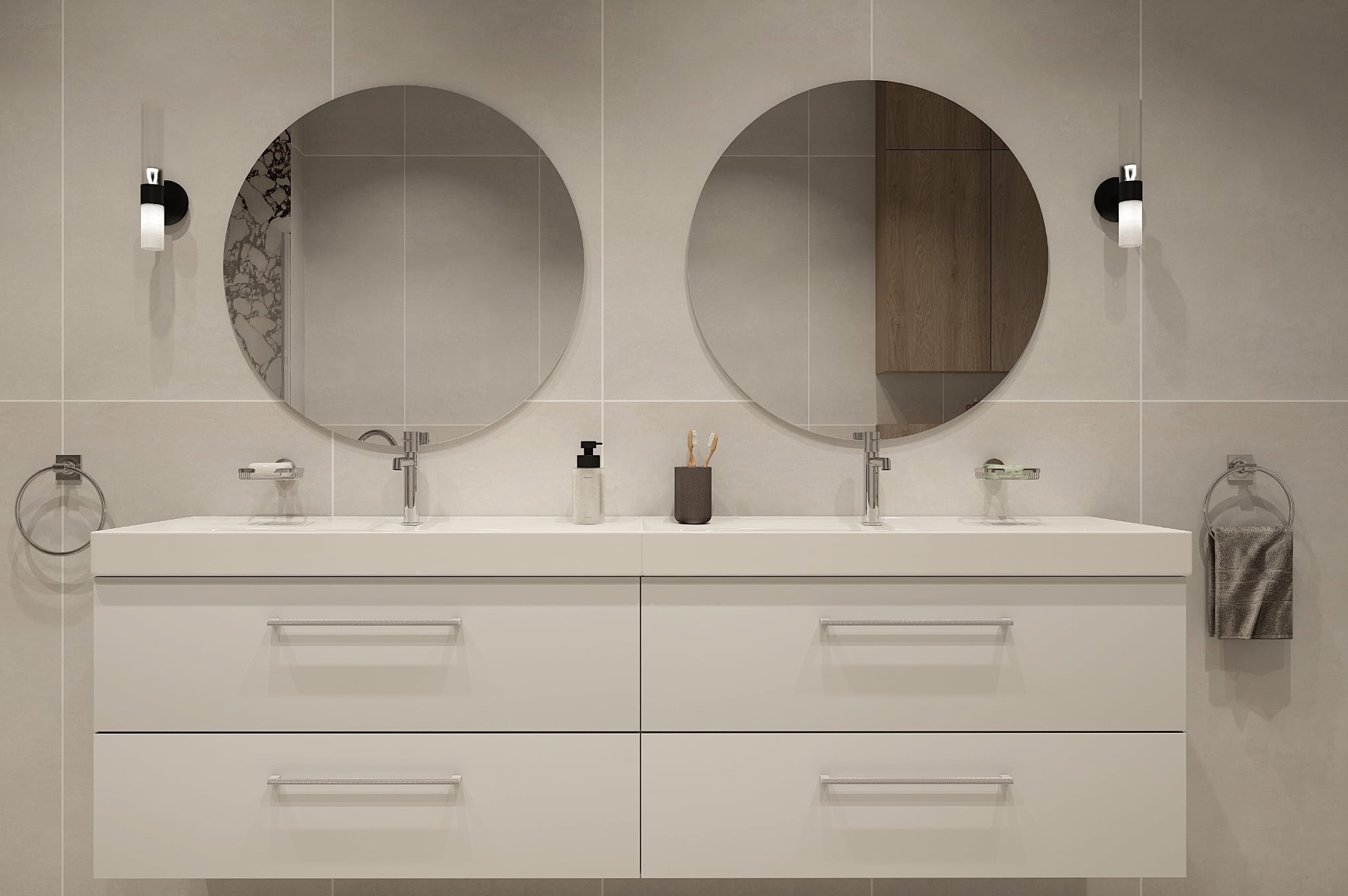 Nowoczesna łazienka z podwójną umywalką, okrągłymi lustrami i minimalistycznym oświetleniem. Jasne płytki i białe szafki tworzą spójną, elegancką przestrzeń.