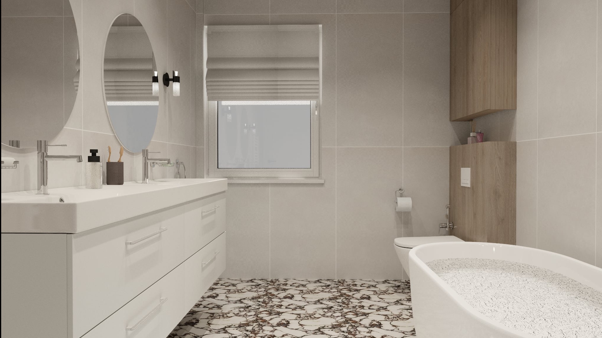 Nowoczesna łazienka z owalnymi lustrami, białą umywalką z szafką, marmurową podłogą i wolnostojącą wanną wypełnioną wodą. Minimalistyczny design, stonowana kolorystyka.