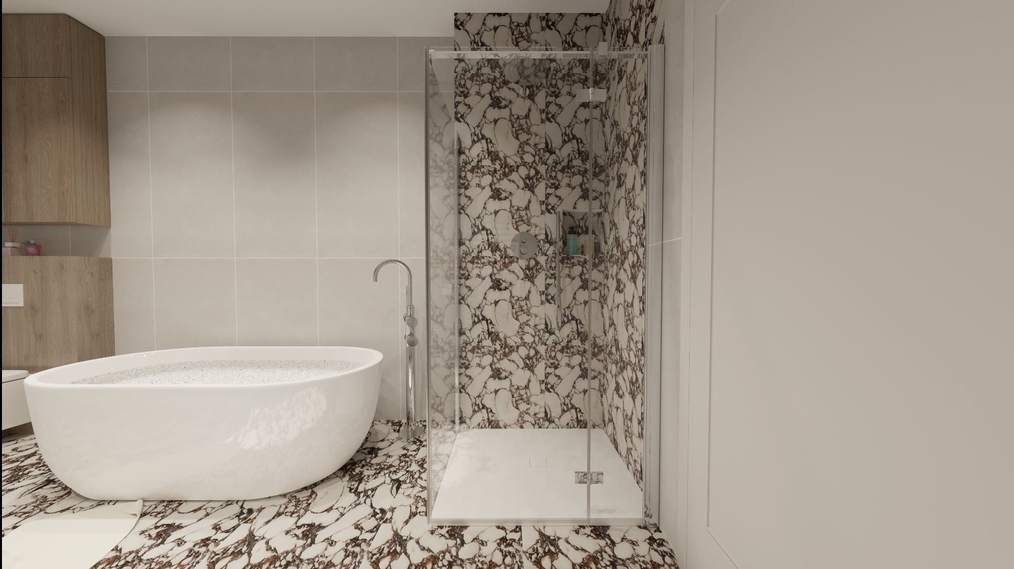 Nowoczesna łazienka z wolnostojącą wanną wypełnioną wodą, kabiną prysznicową z marmurowymi ścianami i drewnianą szafką. Minimalistyczny design, jasne kolory.