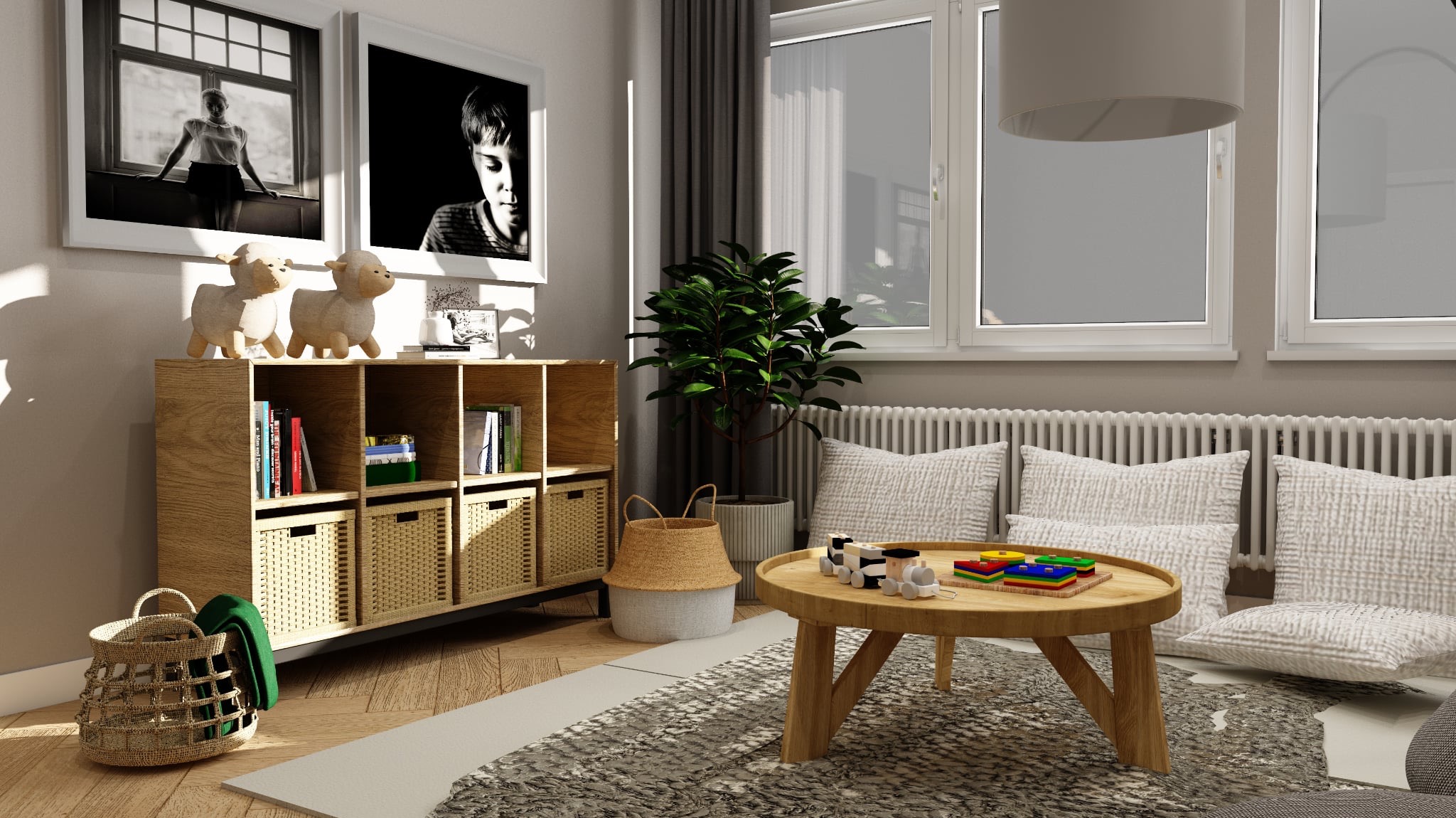 Jasny pokój dziecięcy z drewnianym regałem, zabawkami, okrągłym stolikiem i dywanem w neutralnych barwach. Dwa obrazy na ścianie dodają charakteru.