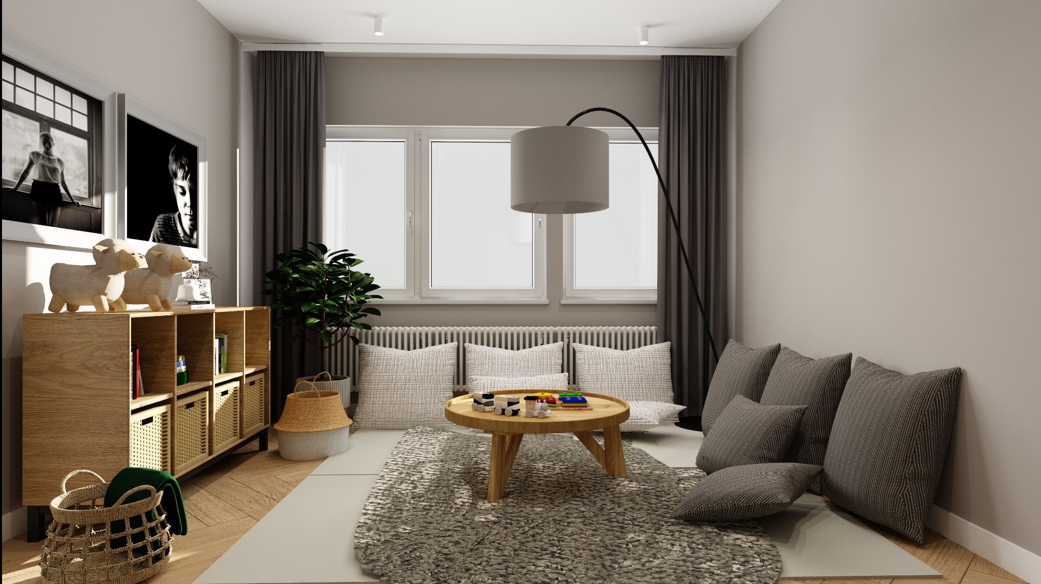 Jasny pokój dziecięcy z drewnianym regałem, dekoracjami i dywanem. Stonowana kolorystyka, naturalne materiały, zabawki na niskim stoliku. Przytulna aranżacja.