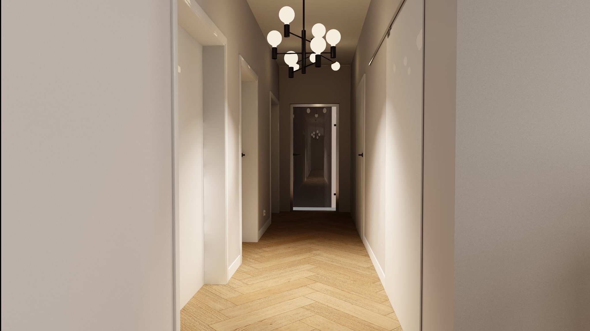 Nowoczesny korytarz z parkietem w jodełkę, oświetlony designerską lampą sufitową. Widok w głąb, przez otwarte drzwi, ukazujący perspektywę kolejnych pomieszczeń.