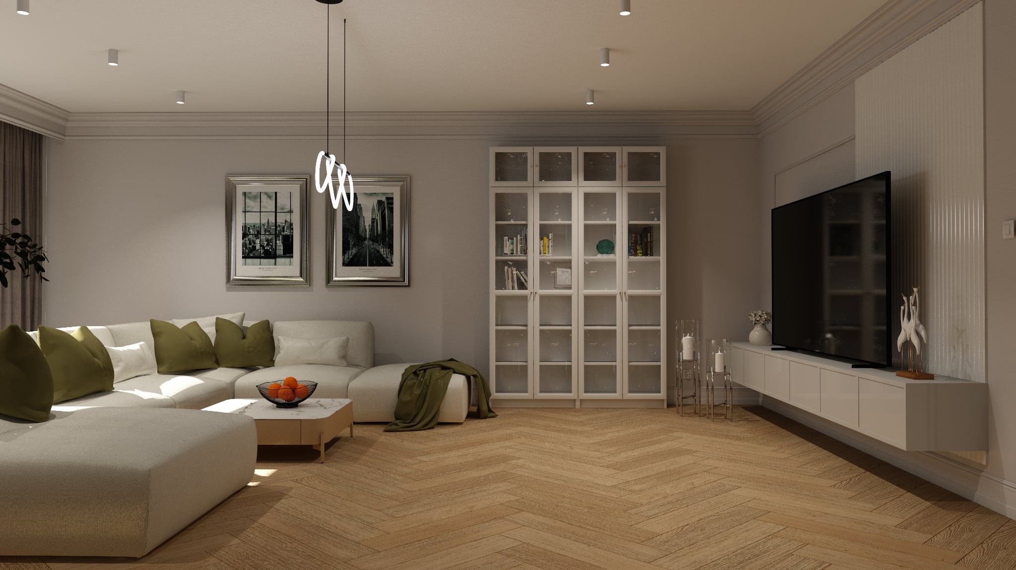 Salon w stylu nowoczesnym: parkiet w jodełkę, biała sofa z zielonymi poduszkami, przeszklona biblioteczka i minimalistyczna szafka RTV z telewizorem.