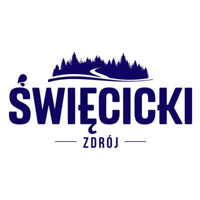 Logo firmy 'Święcicki Zdrój' w kolorze granatowym na białym tle. Nad nazwą stylizowany las iglasty i droga. Pod nazwą napis 'ZDRÓJ'.