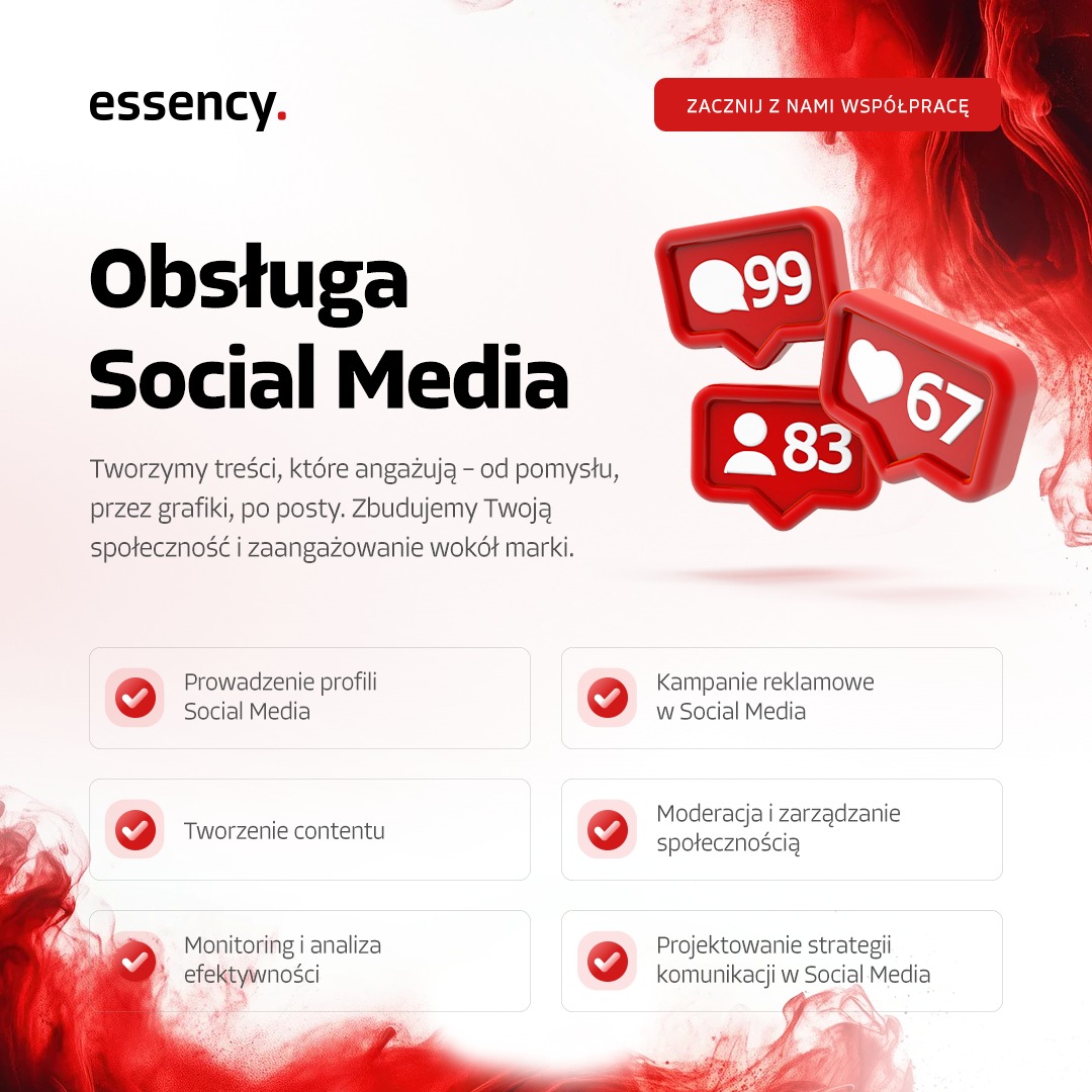Grafika reklamowa: Obsługa Social Media, tworzenie treści, prowadzenie profili, kampanie reklamowe, moderacja i analiza efektywności. Czerwone ikony powiadomień.