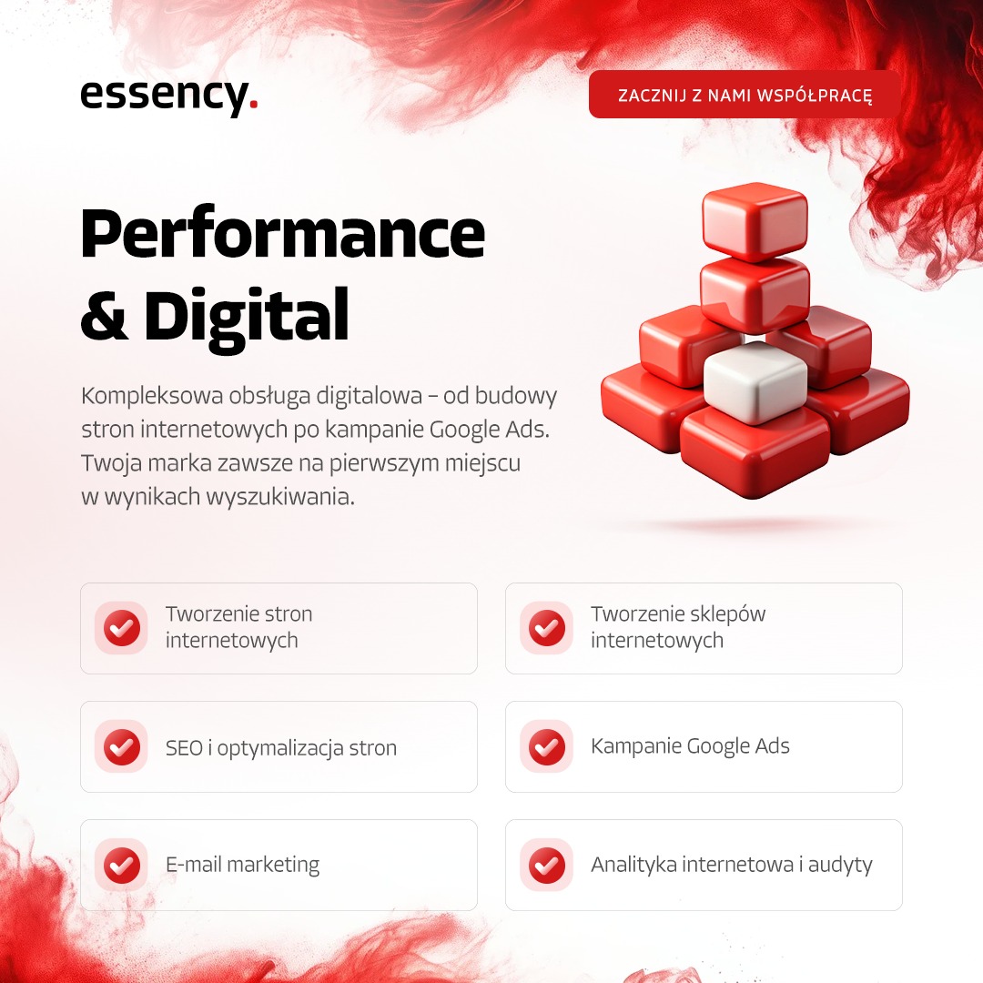 Performance & Digital: Kompleksowa obsługa digitalowa, od budowy stron po kampanie Google Ads. Grafika z czerwonymi i białymi kostkami, logo firmy w lewym górnym rogu.