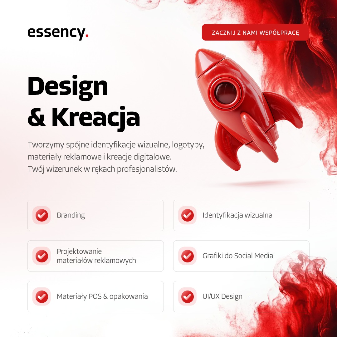 Grafika z czerwonym symbolem rakiety, promująca design i kreację, w tym identyfikację wizualną, branding, grafiki do social media i projektowanie materiałów reklamowych.