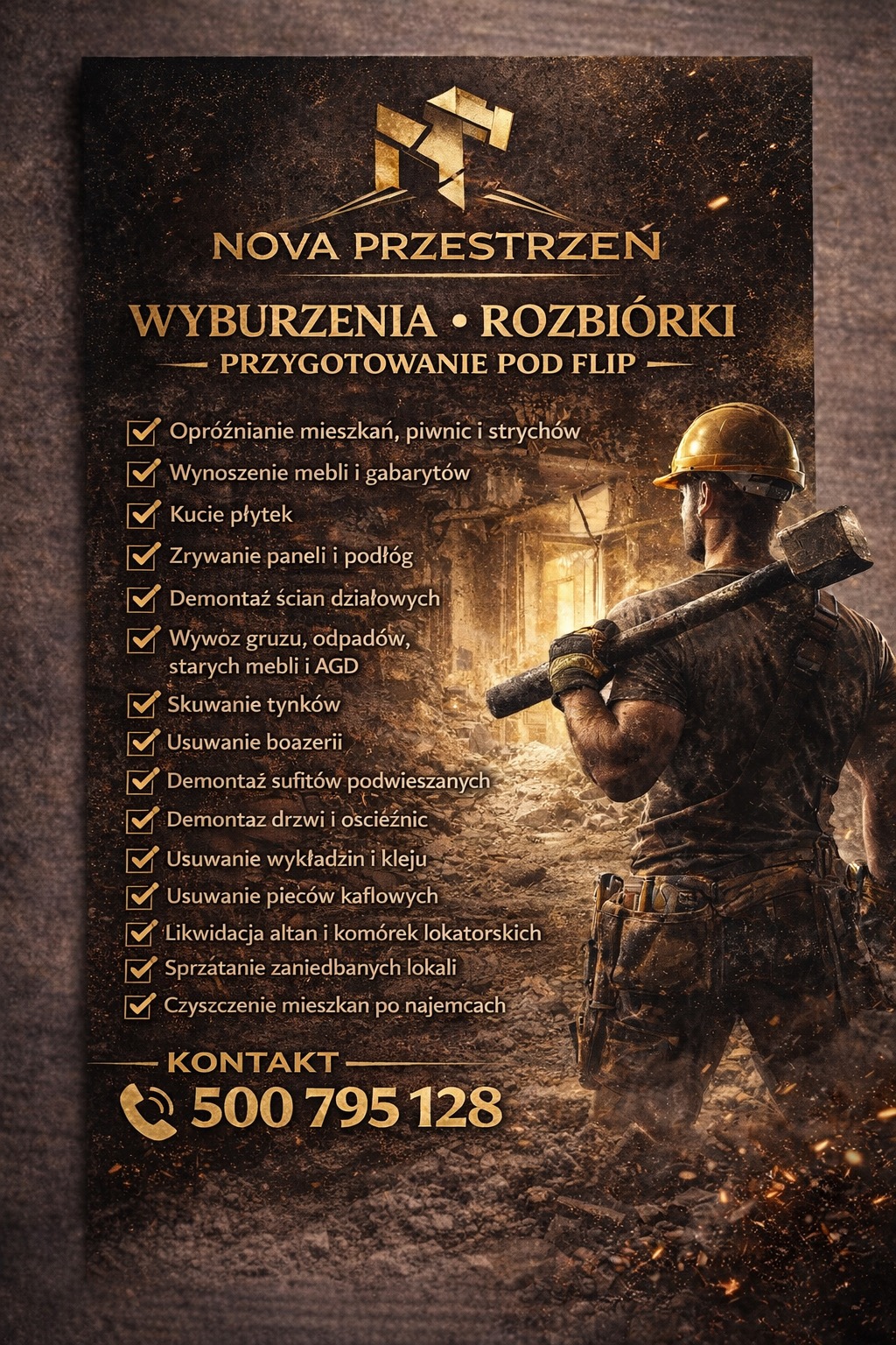 Baner reklamowy firmy Nova Przestrzeń: wyburzenia, rozbiórki, przygotowanie pod flip. Oferta obejmuje m.in. opróżnianie mieszkań, kucie płytek, wywóz gruzu.
