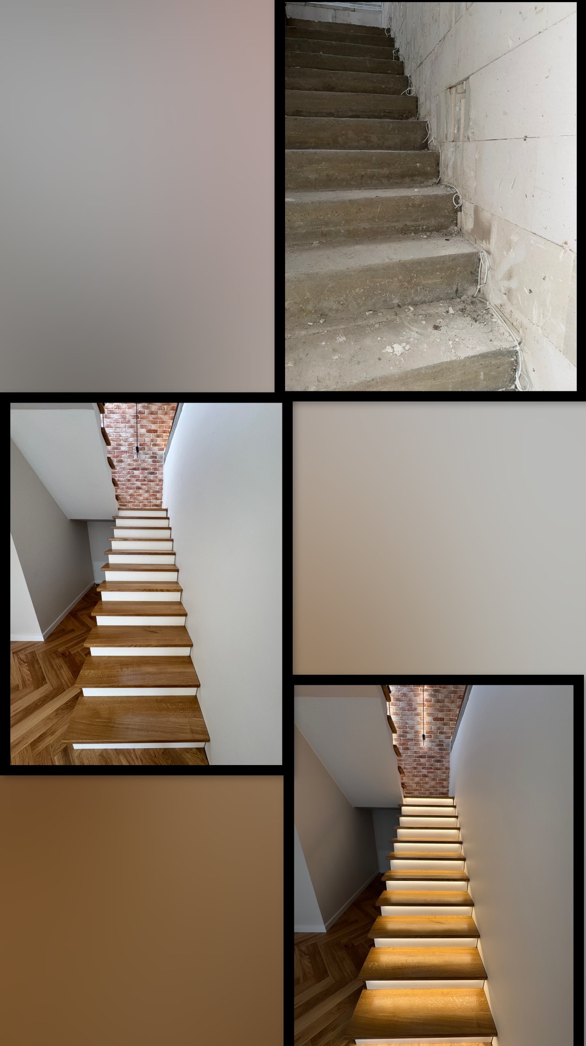 Kolaż: surowe schody w trakcie budowy i wykończone drewniane schody z oświetleniem LED, parkietem w jodełkę i ceglaną ścianą.