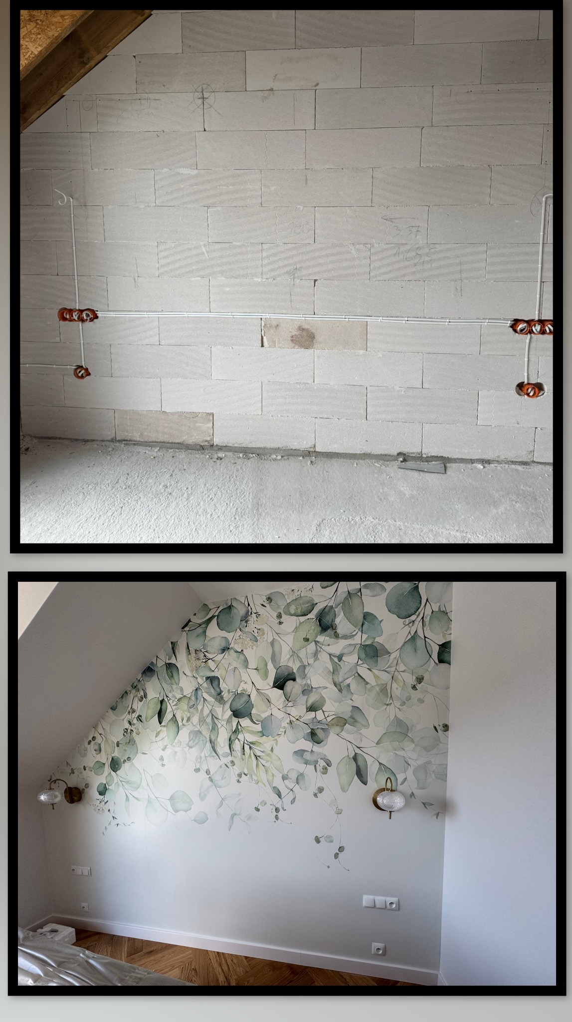 Zdjęcie 'przed i po' przedstawia montaż instalacji elektrycznej w pokoju na poddaszu, zakończony tapetowaniem i montażem oświetlenia. Widoczne kable i puszki elektryczne.