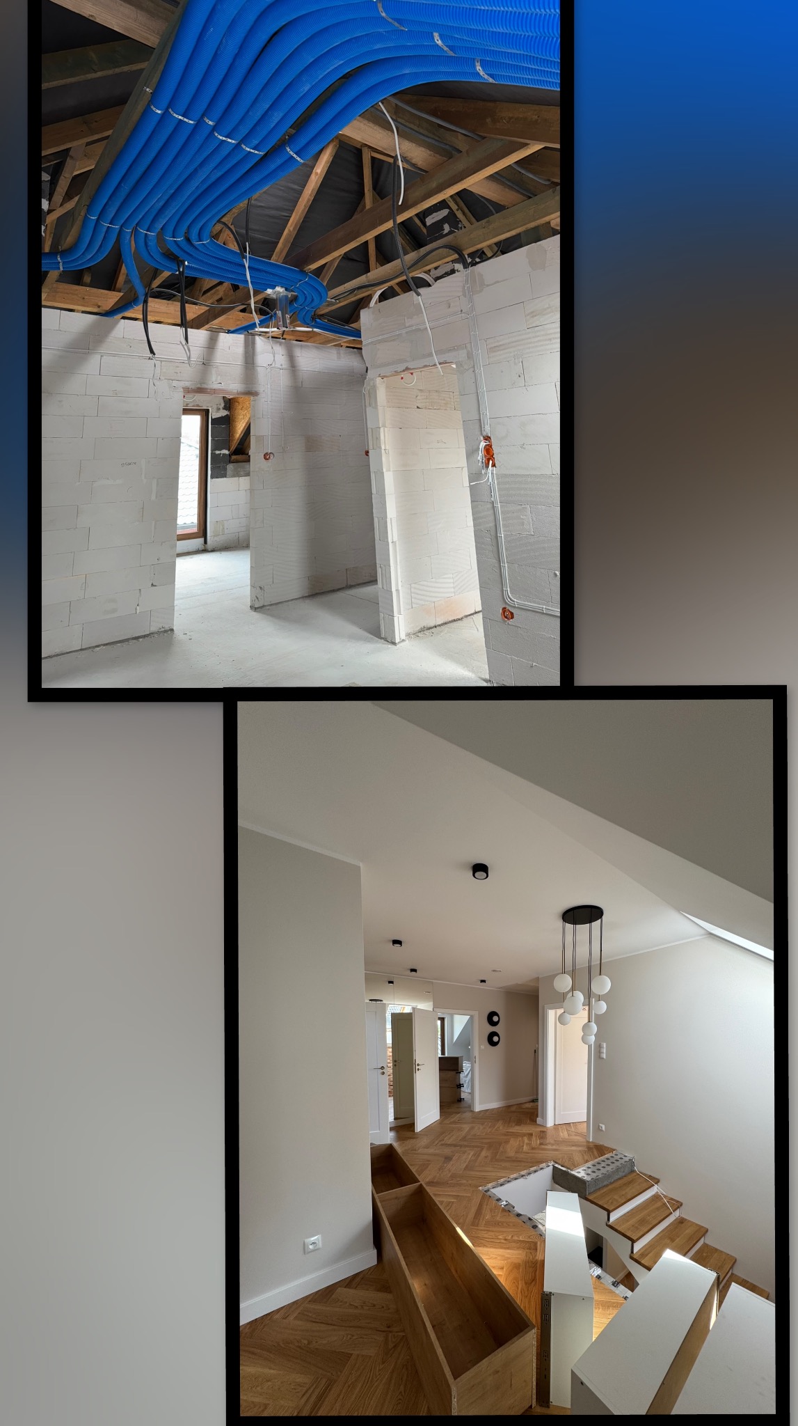 Dwa ujęcia: instalacja niebieskich rur pod sufitem w surowym wnętrzu i wykończone wnętrze z drewnianą podłogą i schodami. Etapy prac wykończeniowych.