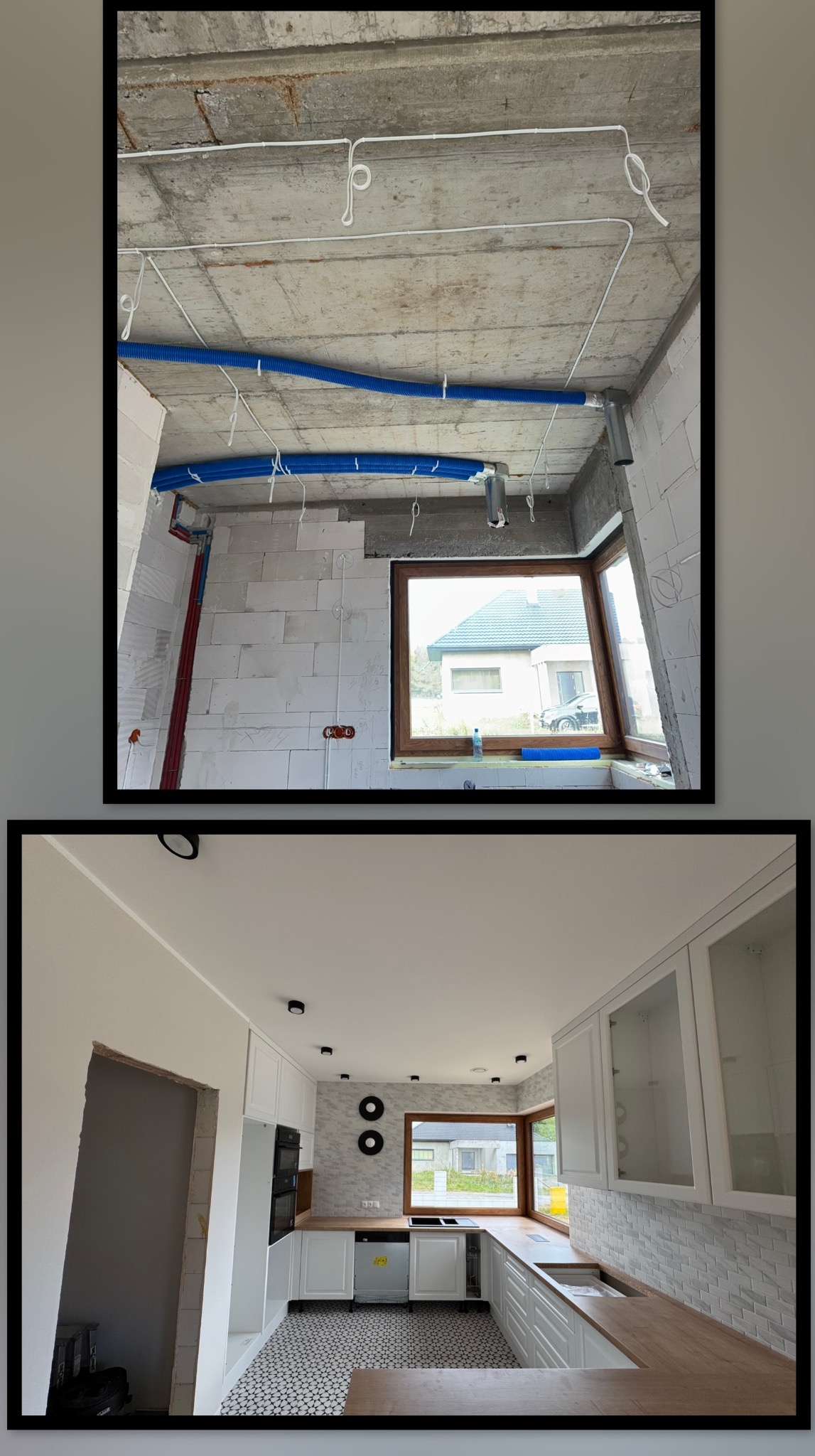 Dwa ujęcia: surowy strop z instalacją elektryczną i wodną, oraz wykończona kuchnia z białymi meblami i drewnianym blatem, widok z okna na dom.