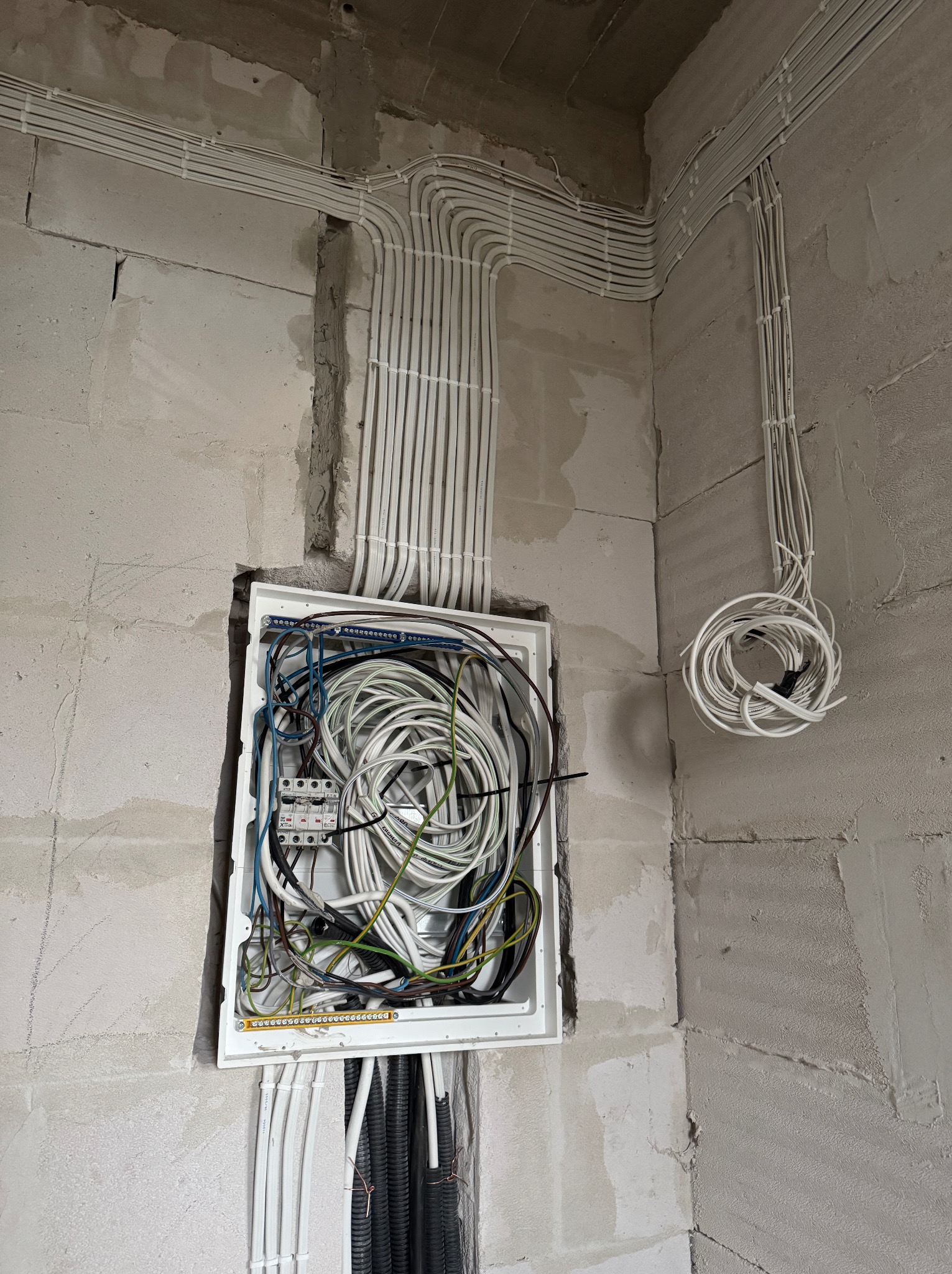 Rozprowadzenie przewodów elektrycznych w ścianie z betonu komórkowego, widoczna skrzynka rozdzielcza z przewodami w różnych kolorach. Kable ułożone równolegle.