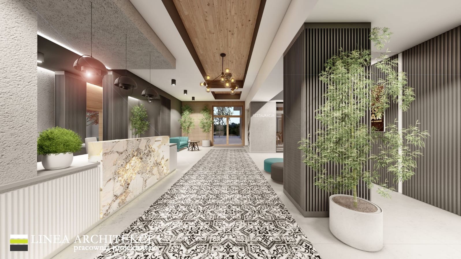Wnętrze komercyjne: marmurowa recepcja, wzorzysty dywan, drewniany sufit z lampami. Rośliny doniczkowe dodają świeżości. Widok na restaurację w tle.