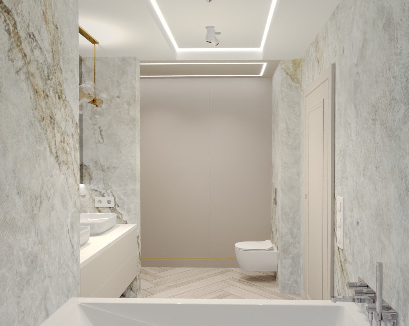 Elegancka łazienka z marmurowymi ścianami, podwójną umywalką i subtelnym oświetleniem LED. Jasne drewno na podłodze dodaje ciepła. Minimalistyczny design.