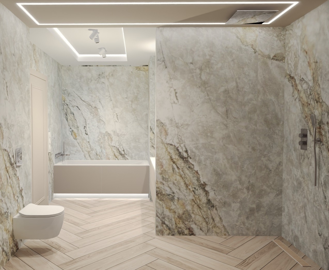 Elegancka łazienka z marmurowymi płytkami, drewnianą podłogą ułożoną w jodełkę i nowoczesnym oświetleniem LED. Minimalistyczna toaleta podwieszana i wanna z podświetleniem.