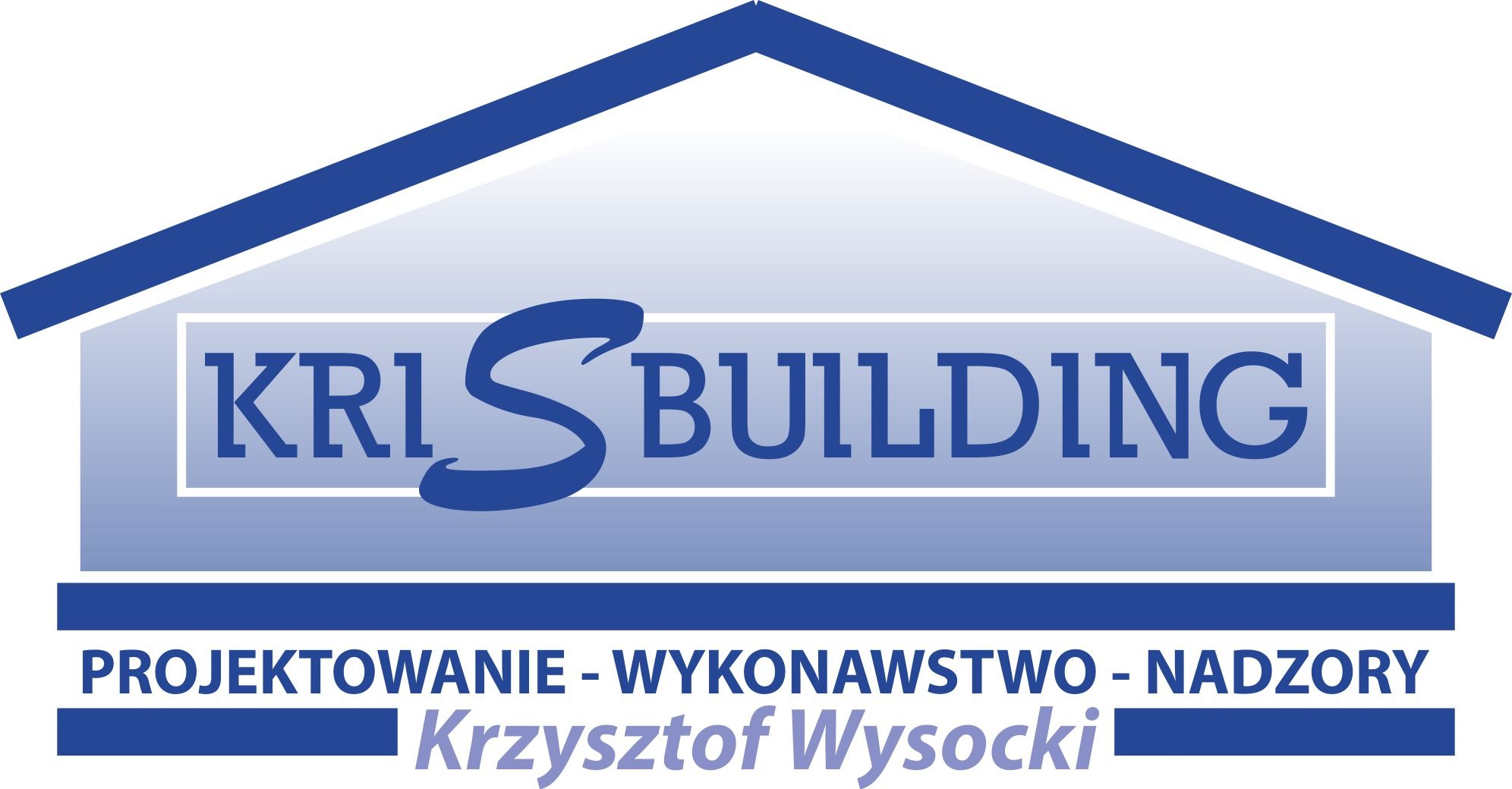 Logo firmy KRIS BUILDING w kształcie domu, oferującej projektowanie, wykonawstwo i nadzory budowlane. Nazwa firmy i zakres usług w kolorze niebieskim.